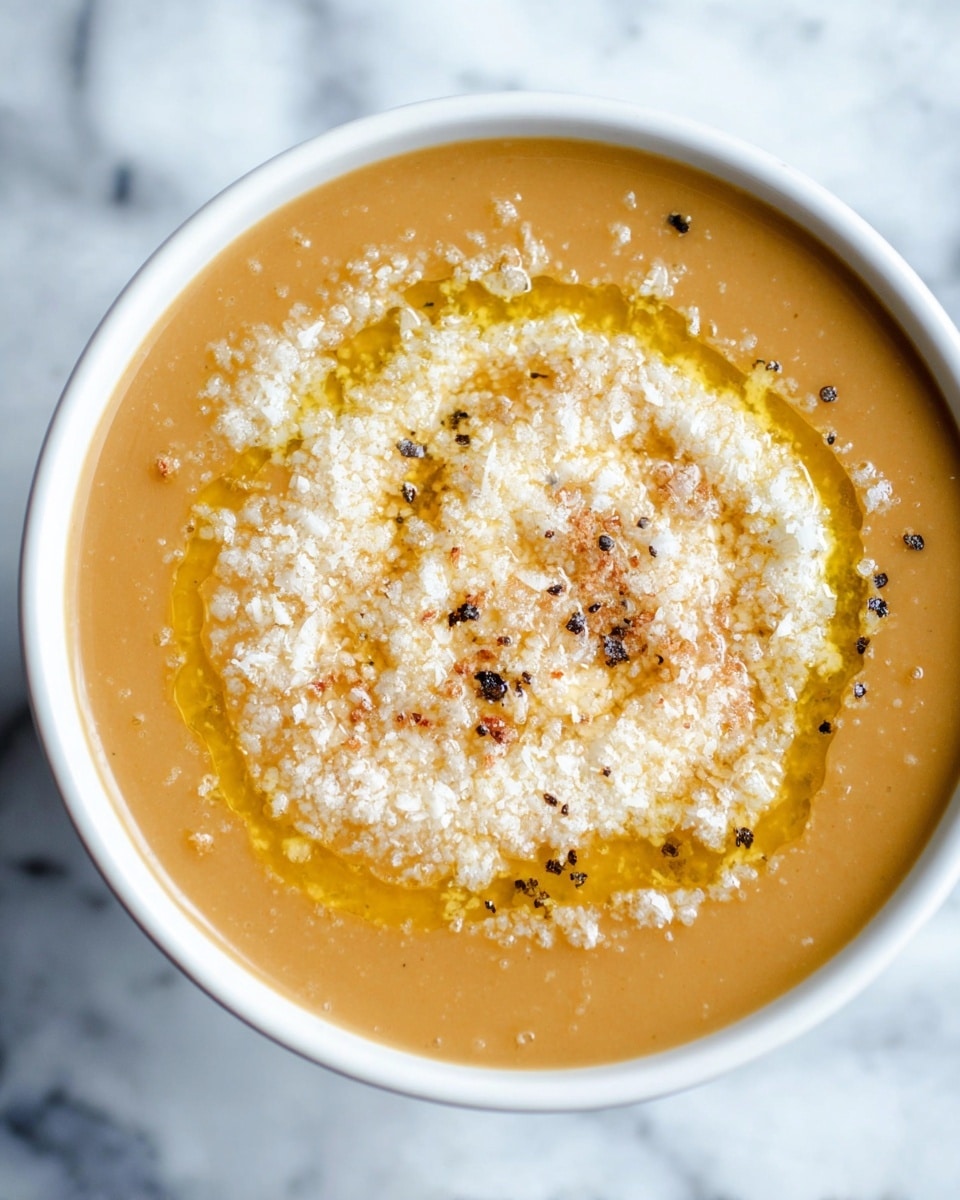 A close-up of a bowl filled with smooth light brown soup, topped with a layer of fine white grated cheese that has a slightly crumbly texture, and drizzled with a spiral of golden olive oil. Small dark specks of black pepper are scattered over the cheese, adding detail. The bowl is white and sits on a white marbled surface, emphasizing the warm colors and textures of the soup. Photo taken with an iphone --ar 4:5 --v 7