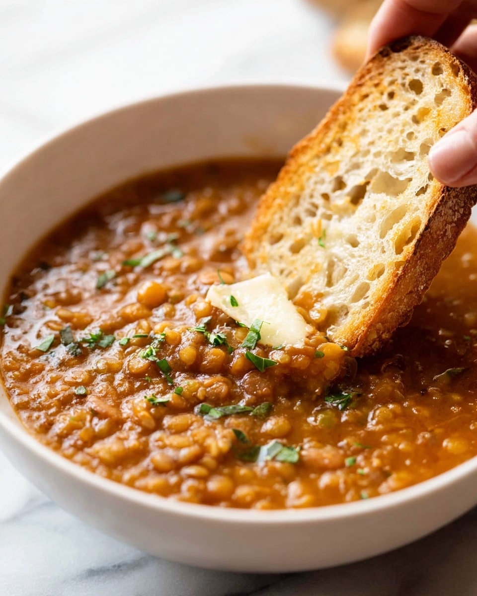 The image shows a white bowl filled with thick, orange-brown lentil soup that has a slightly chunky texture from the lentils. The soup is topped with small sprigs of bright green herbs scattered across the surface. A piece of toasted bread, light golden brown with some holes and a smooth spread of butter, is being dipped into the soup by a woman's hand on the right side of the image. The bowl sits on a white marbled surface which is softly lit, highlighting the warm tones of the soup and the crust of the bread. photo taken with an iphone --ar 4:5 --v 7