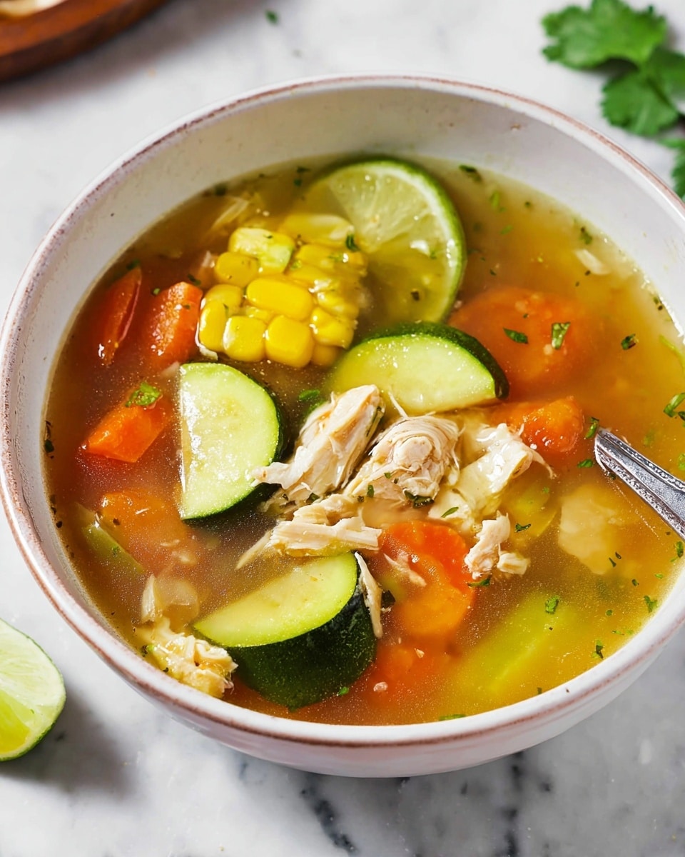 Two white bowls filled with a clear soup containing orange carrot slices, green zucchini chunks, pale green squash pieces, white shredded chicken, and a bright yellow corn cob segment, all floating in light brown broth. One bowl has a metal spoon resting inside. On the side, there is a small white bowl with orange rice and a bottle of hot sauce with a red cap. Lime wedges and green parsley sprigs are on the white marbled surface around the bowls. photo taken with an iphone --ar 4:5 --v 7