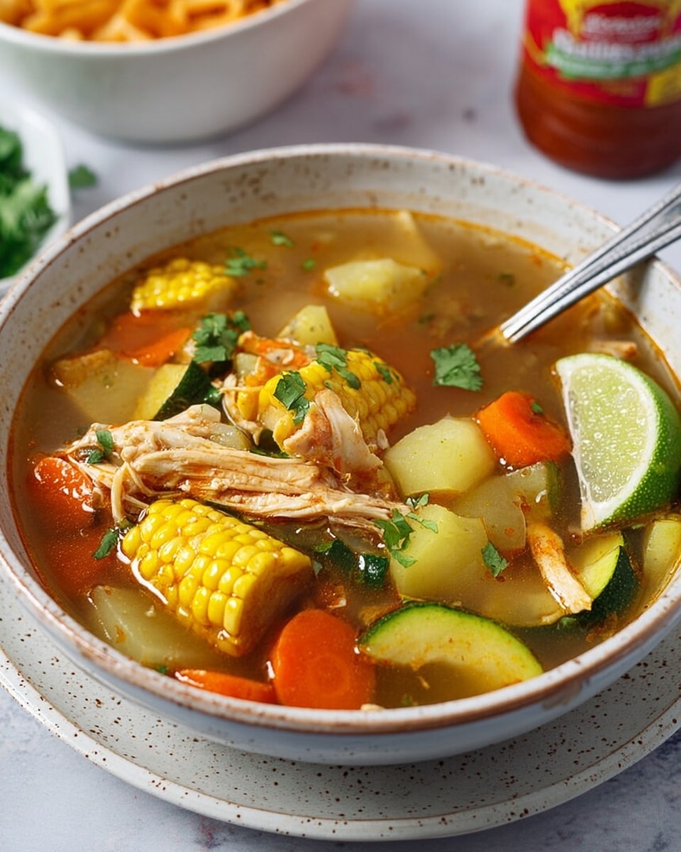 A large white bowl filled with clear broth soup with visible chunks of shredded chicken, bright yellow corn on the cob, green zucchini pieces, orange carrot slices, and chunks of light yellow potato. A wedge of lime, some fresh green cilantro leaves, and a metal spoon resting inside the bowl add detail. The bowl is on a white speckled plate, placed on a white marbled surface. In the background, there is a blurred white bowl with orange pasta and a bottle with a red label. Photo taken with an iphone --ar 4:5 --v 7