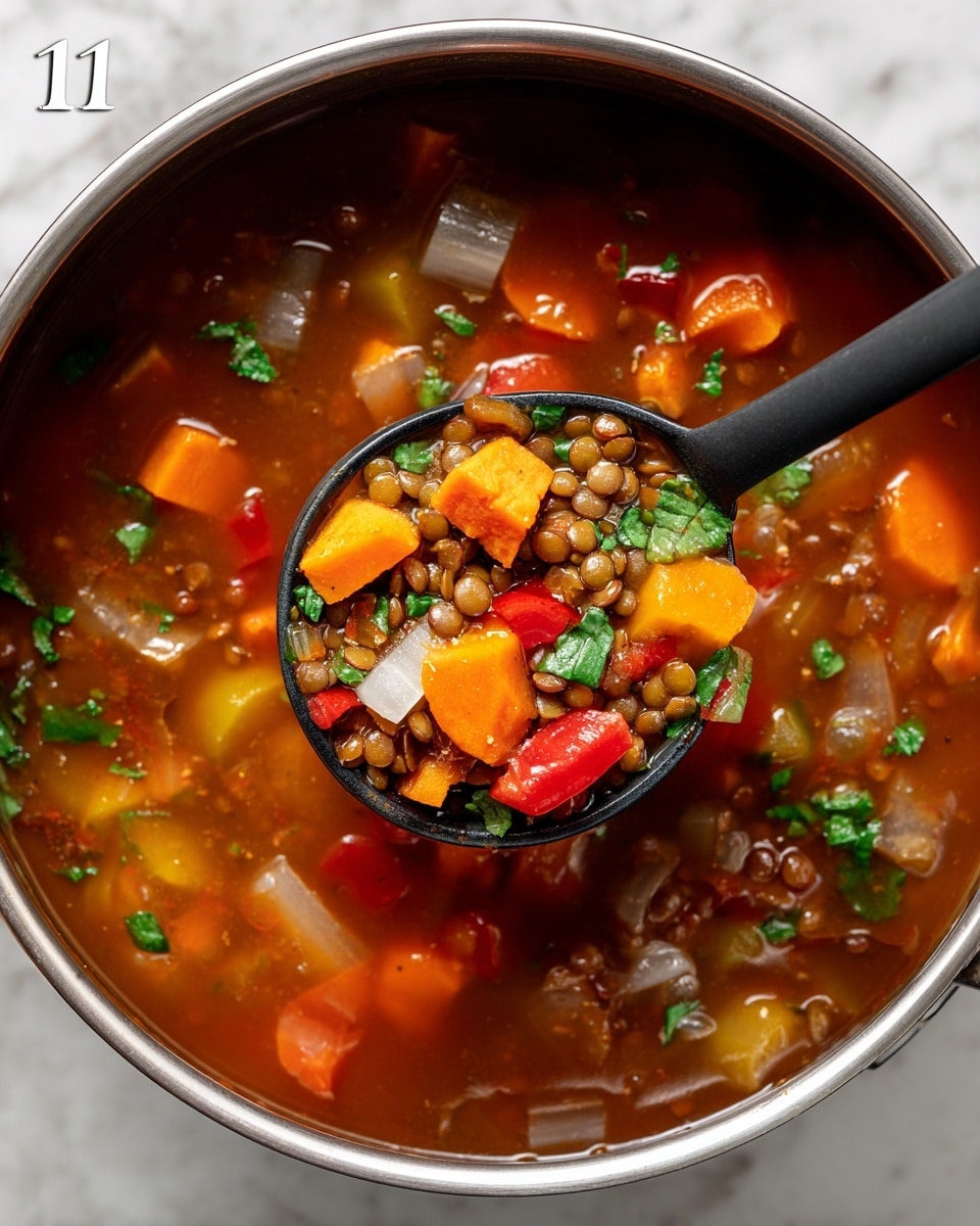 A clear glass container filled with lentil soup showing various layers of ingredients: large orange chunks of sweet potato near the bottom, surrounded by green celery pieces and translucent purple onion sections mixed with small brown lentils in a reddish broth. Fresh green parsley leaves are scattered on top, giving a fresh look. The container lid is partially open, resting on the top edge, with a white label that says