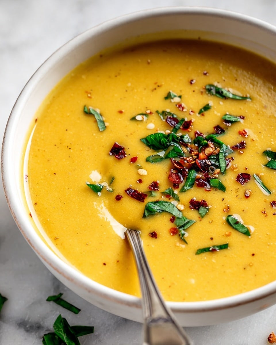 A close-up view of a single layer of smooth pumpkin soup inside a clear rectangular container with rounded edges. The soup is a warm orange-yellow color, shiny and creamy with small dark red chili flakes and scattered bright green herb pieces on top. The container is placed on a white marbled surface, and part of the container's attached clear lid with a white label and blue text is visible underneath. A light beige cloth is partly seen on the right side. Photo taken with an iphone --ar 4:5 --v 7