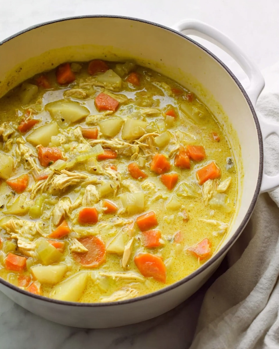 A close-up view of a deep white pot filled with yellow curry chicken stew, showing a thick and creamy broth with visible pieces of shredded chicken, diced orange carrots, light green celery, and pale yellow potatoes. The stew has a chunky texture with soft, tender vegetables and meat all mixed evenly throughout. The pot sits on a white marbled surface, and a white cloth is softly folded nearby. Photo taken with an iphone --ar 4:5 --v 7