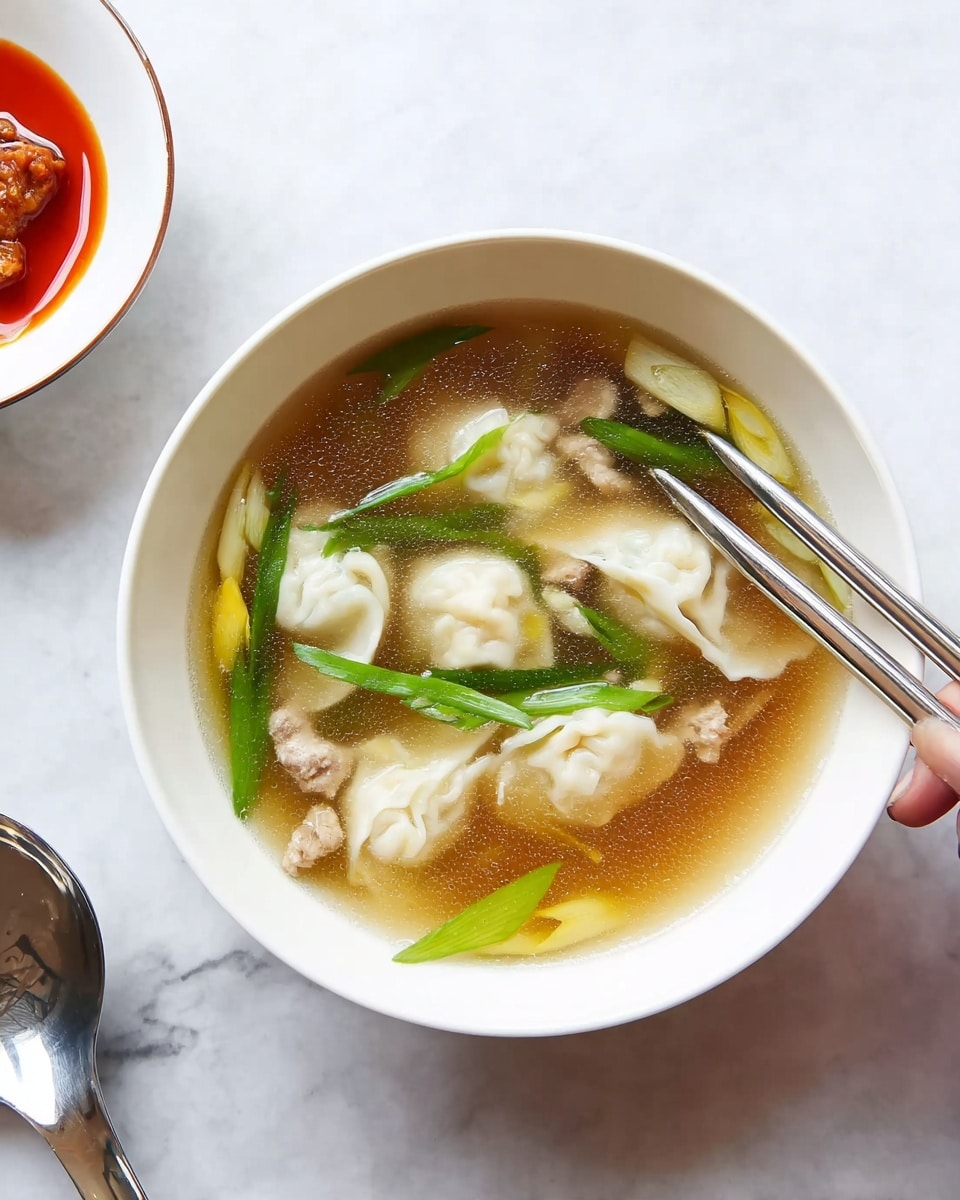 A white bowl filled with clear brown broth shows five light white dumplings floating on top, along with bright green pieces of green onion and soft, pale-yellow egg strands. Below the dumplings, small light brown pieces of meat can be seen in the soup. The bowl is placed on a white marbled surface, with a pair of silver chopsticks held by a woman's hand on the right side. In the top left corner, part of another white bowl with a red dish inside is slightly visible. Photo taken with an iphone --ar 4:5 --v 7