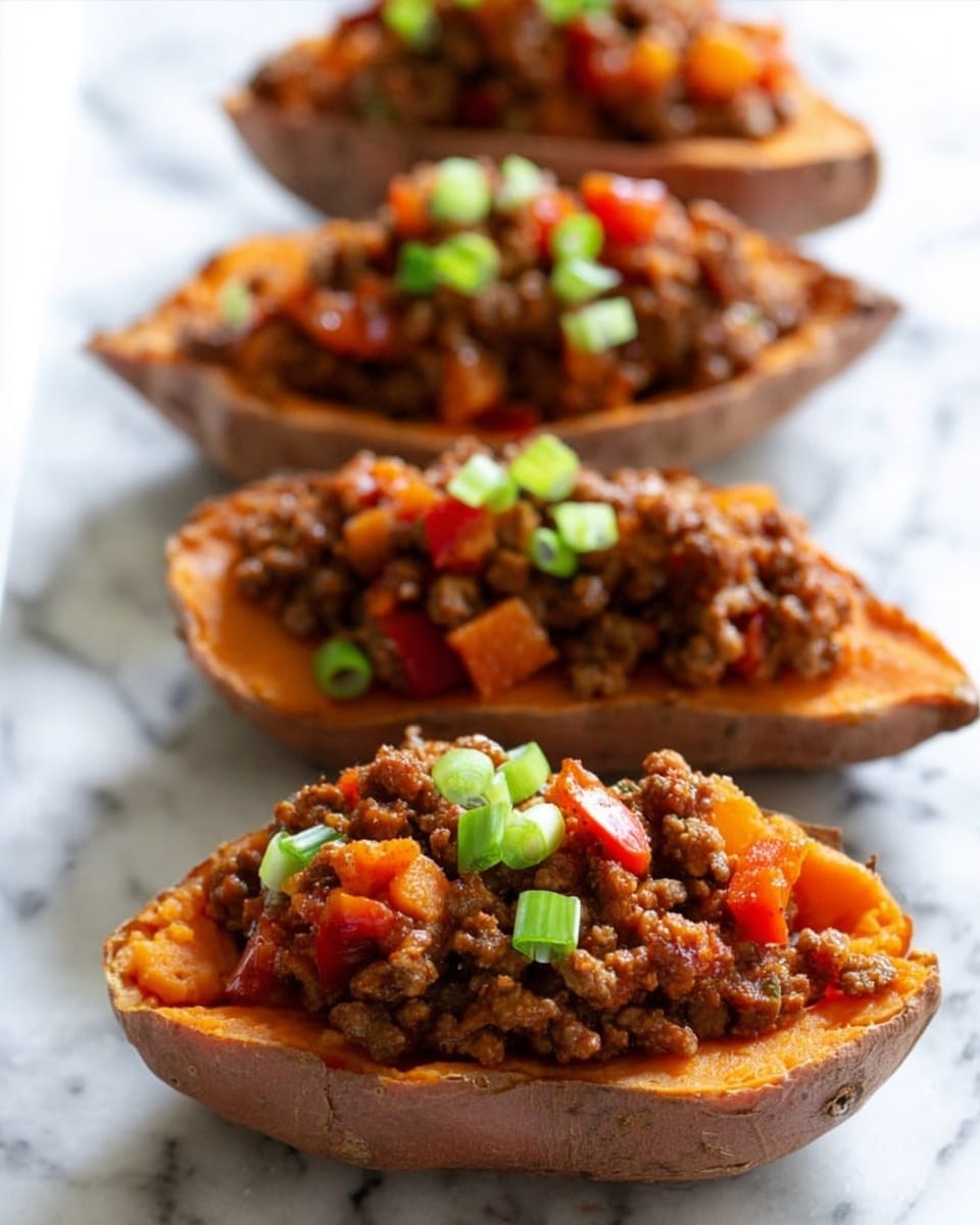 The image shows three roasted sweet potato halves on a white marbled surface. Each sweet potato half has an orange inner layer with a slightly soft texture, topped with a thick layer of cooked ground meat mixed with small diced carrots, visible as bright orange cubes. The meat mixture is rich brown with a moist, chunky texture, and is sprinkled with small, fresh green onion slices on top, adding a bright green color contrast. The main focus is on the front sweet potato half, with the other two slightly blurred in the background. Photo taken with an iphone --ar 4:5 --v 7