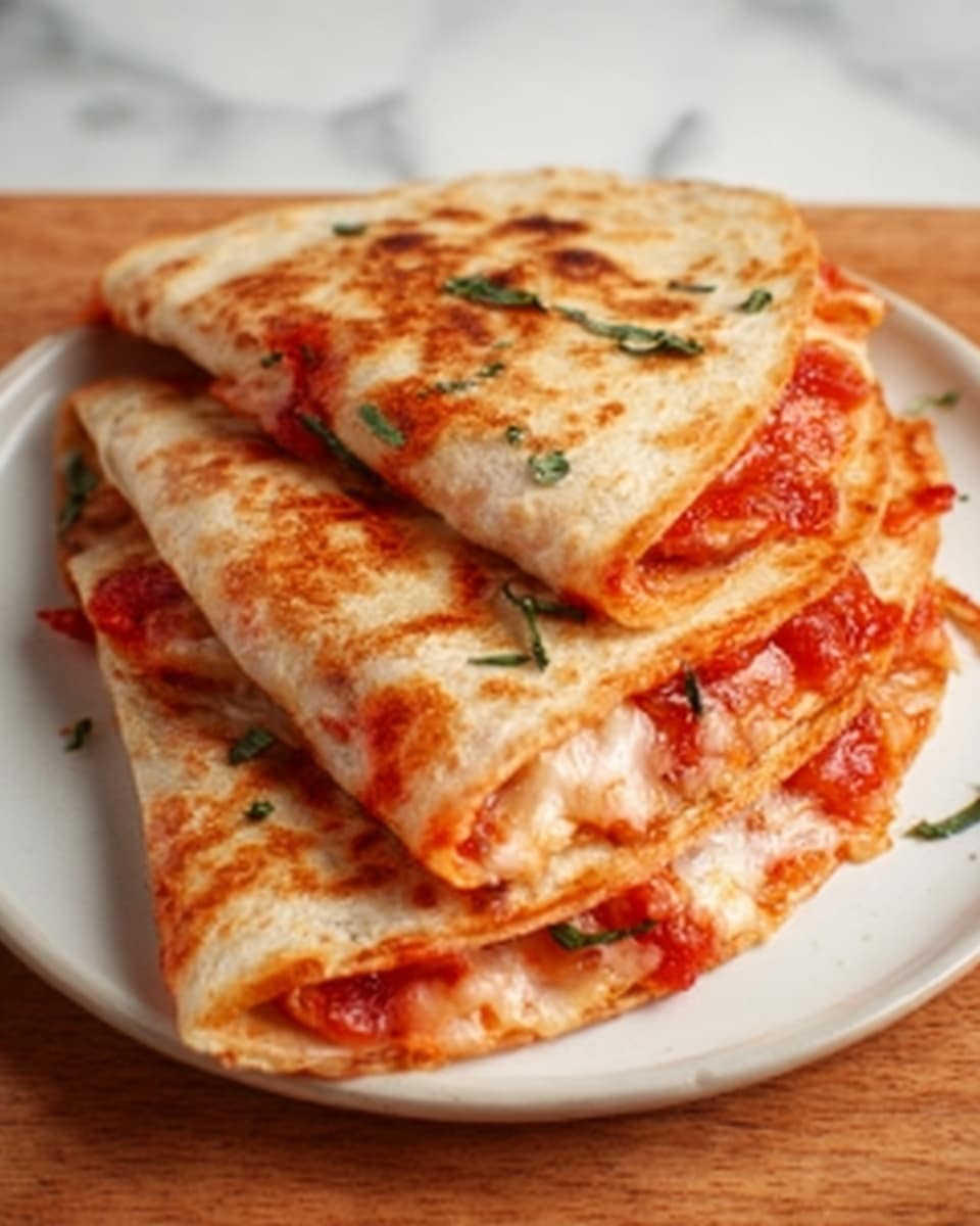The image shows three folded quesadillas stacked on a white plate, placed on a white marbled surface. Each quesadilla has a golden-brown toasted outer layer with melted cheese and bright red tomato sauce oozing out from inside. Small green herb pieces are sprinkled on top and around the quesadillas, adding a touch of fresh color. The texture of the quesadilla tortilla looks crispy and slightly browned, with gooey cheese pulling between the layers. Photo taken with an iphone --ar 4:5 --v 7