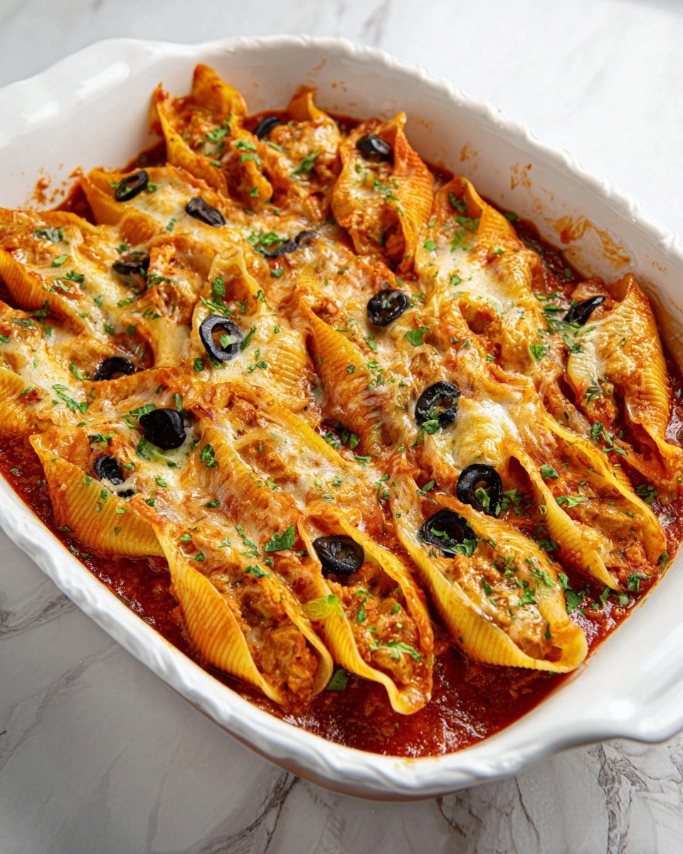 The dish is a white casserole filled with about three layers of large pasta shells, each shell stuffed with a reddish-orange filling and covered with melted orange cheese and tomato sauce. The top layer is sprinkled with black olive slices and chopped green herbs, creating a contrast of dark and green colors on the warm shell shapes. The pasta shells are arranged closely together, slightly bubbling with sauce around the edges, all sitting on a white marbled surface. photo taken with an iphone --ar 4:5 --v 7