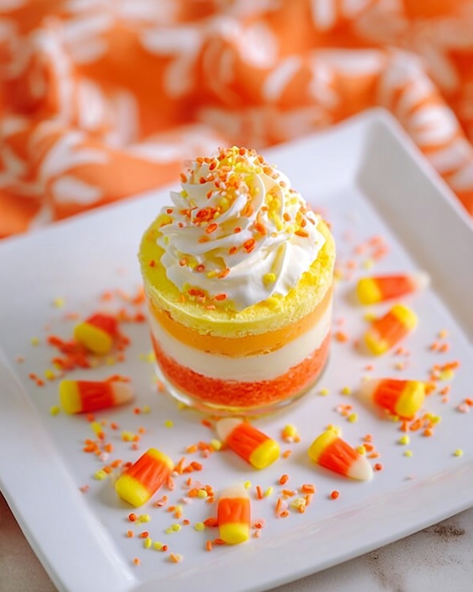 A small stack dessert with three visible layers; the bottom layer is yellow, the middle layer is orange, and the top layer is white. On top sits a swirl of white cream decorated with small orange and yellow sprinkles. Around the stack on the white plate, there are whole candy corn pieces and scattered orange, yellow, and white sprinkles. The plate is on a white marbled surface with a pattern of orange and white fabric visible in the background. Photo taken with an iphone --ar 4:5 --v 7