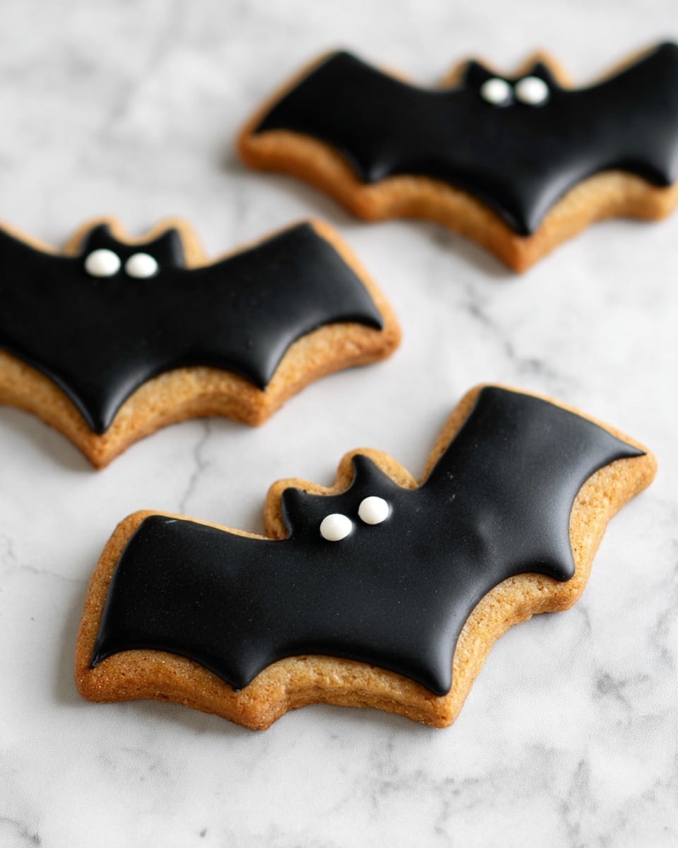 A white round plate holds four Halloween-themed cookies arranged in a loose group. Two pumpkin-shaped cookies are placed near the top left and bottom right edges of the plate; their smooth orange icing forms the pumpkin shapes with green stems on top, and black details create smiling jack-o'-lantern faces with eyes, noses, and mouths. To the right of the top pumpkin is a ghost-shaped cookie covered with smooth white icing, with three small black dots making eyes and a mouth. On the left side of the plate, a black bat-shaped cookie has smooth black icing covering its wings, with two tiny white dots for eyes. The plate is set on a white marbled surface. photo taken with an iphone --ar 4:5 --v 7