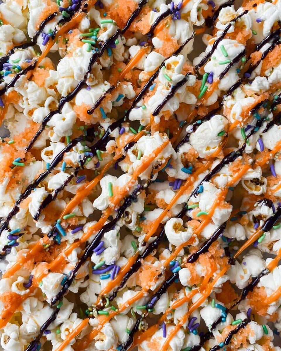 The image shows a close-up of white popcorn mixed with small orange chunks, all topped with thin drizzles of black and bright orange sauces crisscrossing over the popcorn. There are also small, thin sprinkles in black, green, blue, and orange scattered evenly on top, adding texture and color contrast. The background is a white marbled texture, enhancing the vibrant colors of the popcorn mixture. photo taken with an iphone --ar 4:5 --v 7