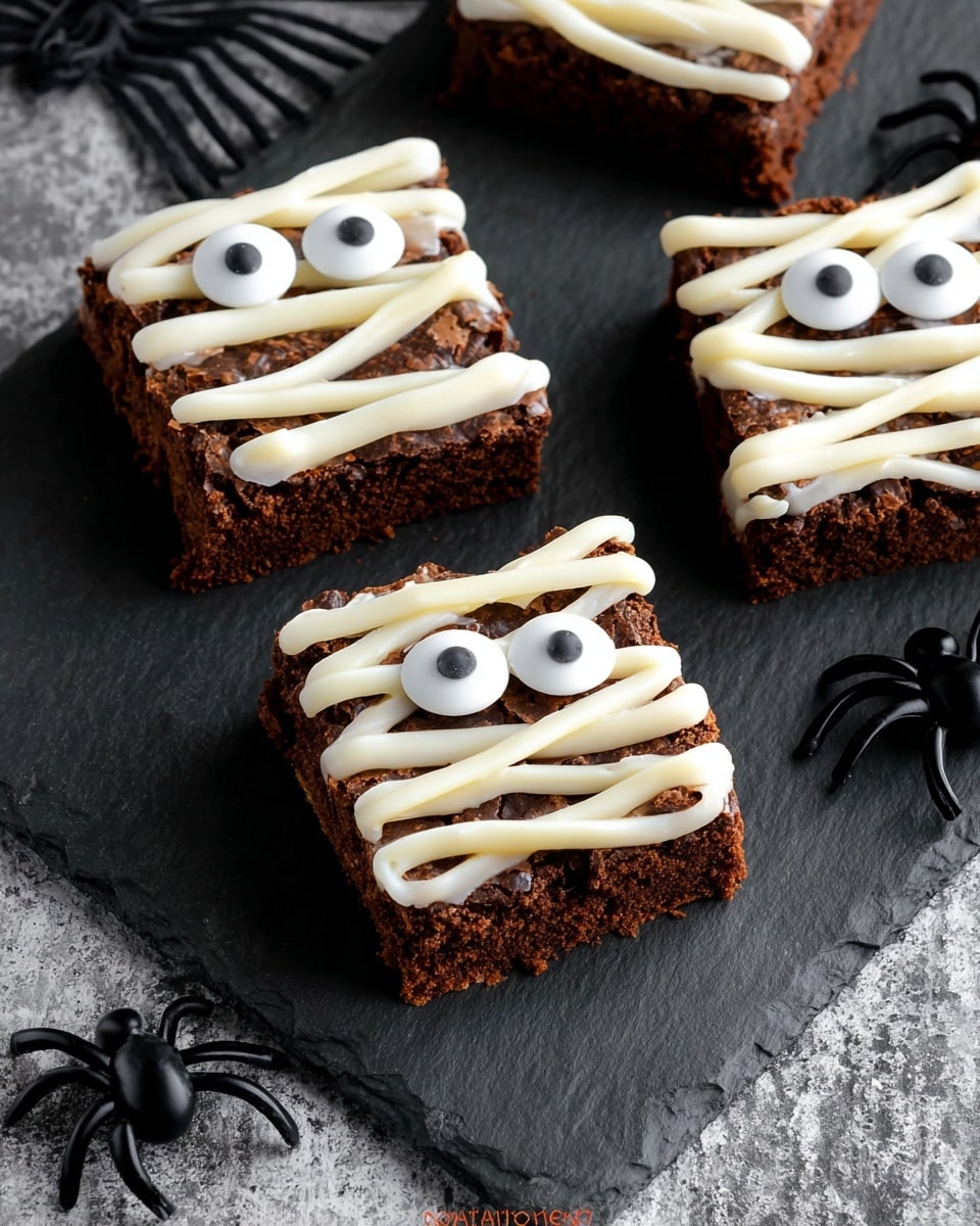 Three square chocolate brownies each about the same size sit on a dark slate board on top of a white marbled texture. Each brownie is decorated with white frosting piped in zigzag lines across the top to look like mummy wrappings. Two round candy eyes with black centers are placed near the top on each brownie, giving them a cute mummy face. Around the brownies are small black plastic spiders adding a spooky Halloween feel. The texture of the brownies looks rich and dense, while the frosting is smooth and shiny. Photo taken with an iphone --ar 4:5 --v 7