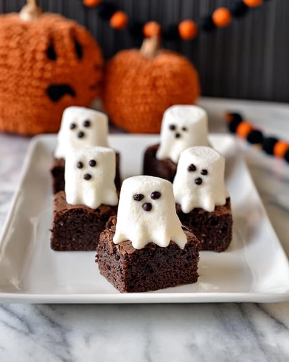 A white rectangular plate on a white marbled surface holds five dark brown brownie squares. Each brownie has a melted white marshmallow on top, shaped like a ghost with three small dark eyes and a mouth made from small black dots. In the background, there are two black and orange beaded decorations and a small orange knitted pumpkin, all slightly blurred. The scene is softly lit and cozy. photo taken with an iphone --ar 4:5 --v 7