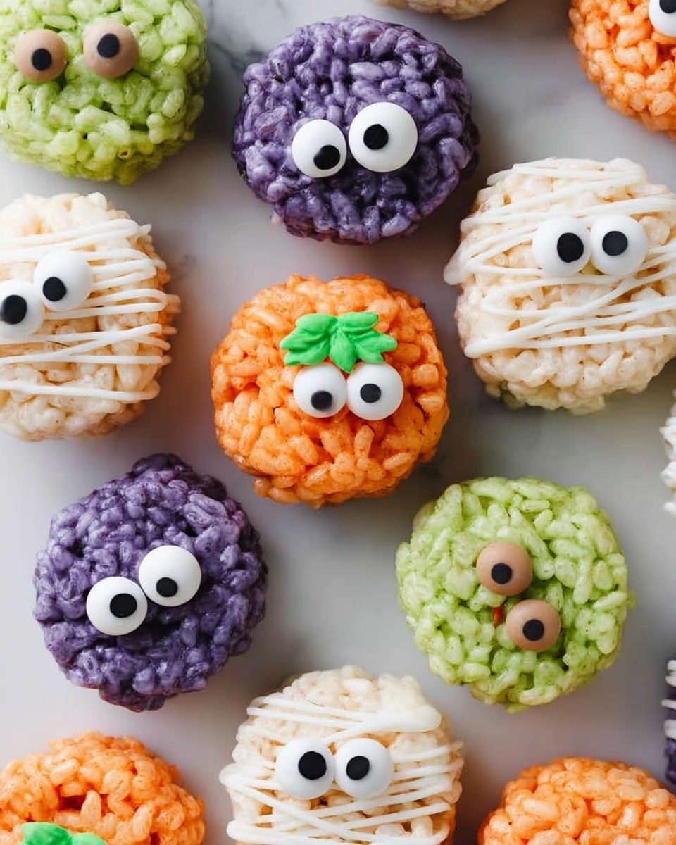 The image shows round rice treats in three colors: green, orange, and purple, along with white mummy-shaped treats. Each colorful round treat is topped with a single large white candy eye with a black pupil in the center. The green and purple treats have a rough, bumpy texture, while the orange treats feature a small green candy leaf and a brown candy seed on top, resembling mini pumpkins. The white mummy treats have a smooth texture with white icing drizzled across to mimic bandages and two small black eyes peeking out. All treats are placed closely together on a white marbled surface. Photo taken with an iphone --ar 4:5 --v 7