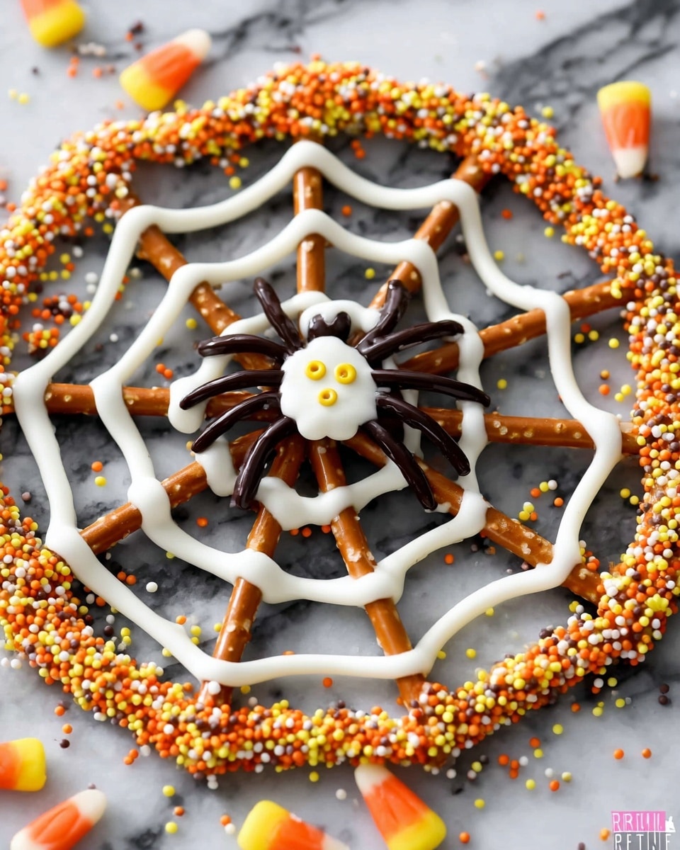 The image shows a spider web made from pretzel sticks arranged in a circular pattern with intersecting lines on a white marbled surface. White icing is piped in wavy lines connecting the pretzels, making the web design. The outer edge is covered with small round orange, yellow, and white sprinkles. In the center of the web is a small white candy shaped like a spider body, with dark brown icing forming the spider legs and two yellow dots as eyes. Photo taken with an iphone --ar 4:5 --v 7