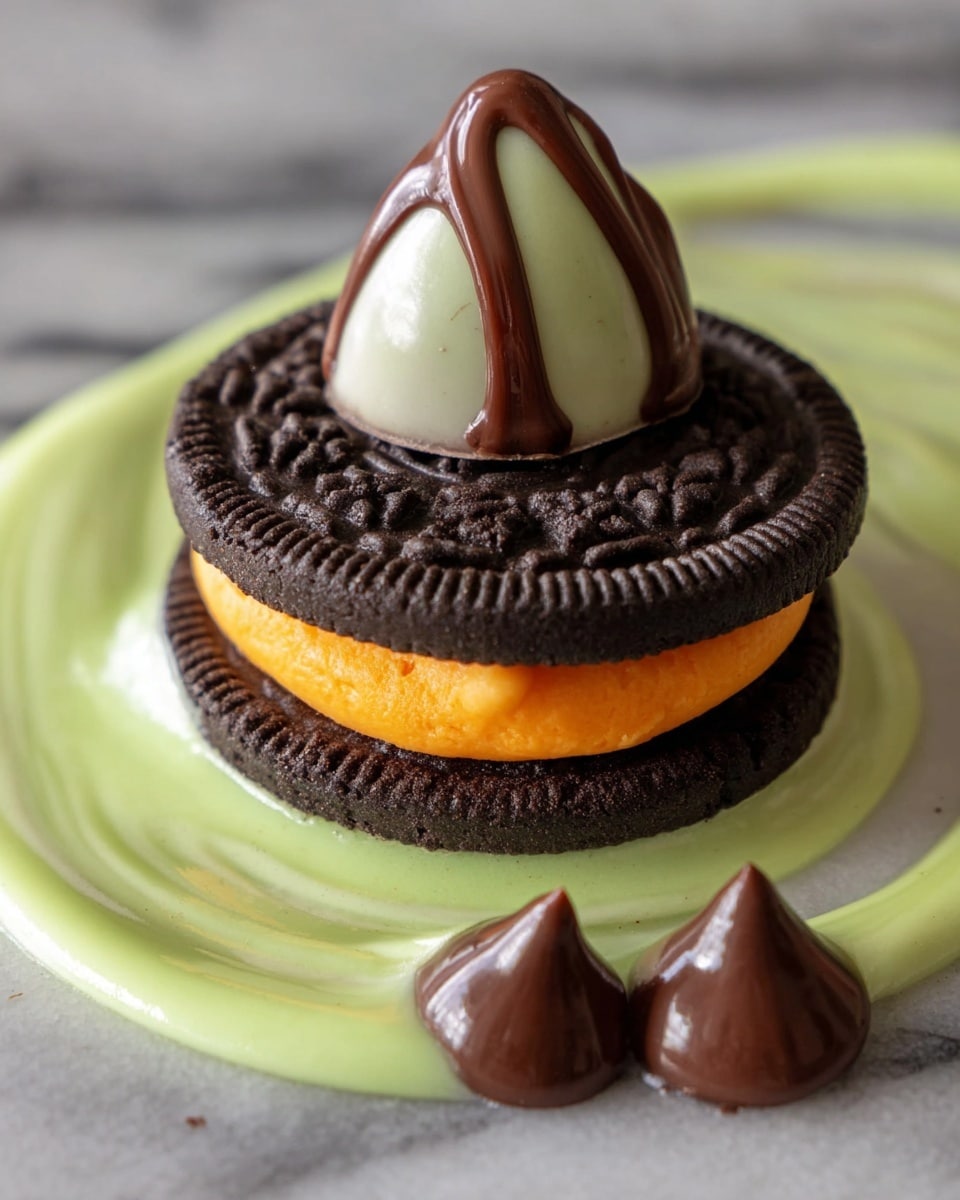 A close-up image of a layered sweet treat resting on a white marbled surface with a swirl of light green and dark brown melted chocolate. The treat has three layers: at the bottom, a round dark brown chocolate cookie with an embossed pattern and a thin bright orange cream layer in the middle; on top is another dark brown embossed chocolate cookie like the bottom layer. Sitting on this top cookie is a small white and brown striped candy shaped like a Hershey’s kiss with smooth texture and a pointed tip. Two small dollops of dark chocolate are placed next to the sweet treat on the surface. photo taken with an iphone --ar 4:5 --v 7