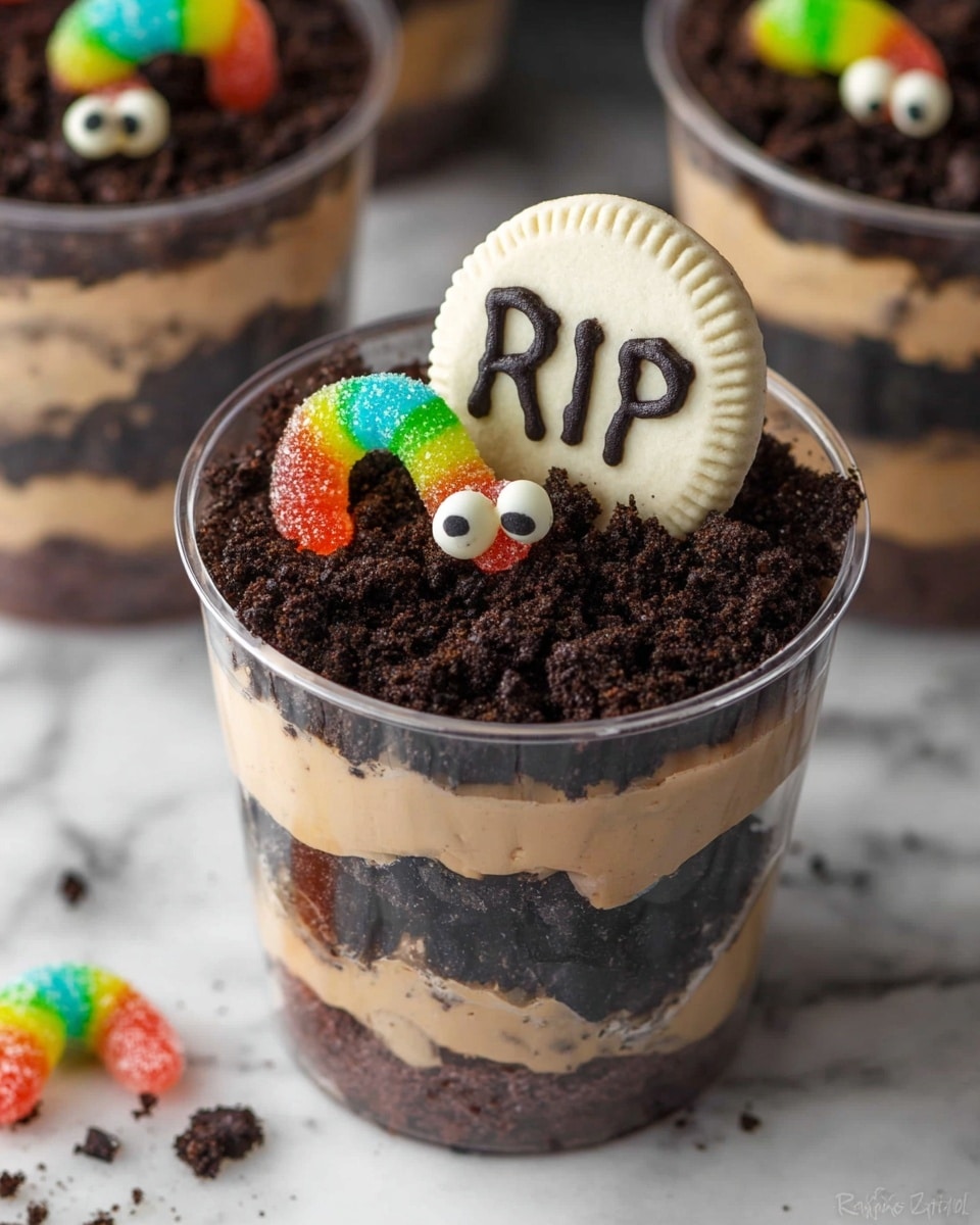 A clear cup with three visible layers is shown, starting with a dark crumbly layer at the bottom, followed by a light brown creamy mousse layer in the middle, and another dark crumbly layer on top. On the top dark layer, a small white cookie with
