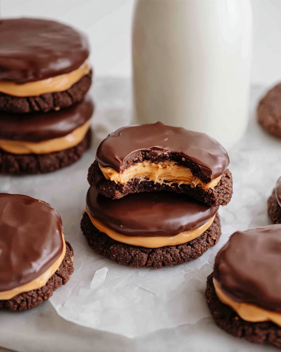 The image shows several chocolate cookies arranged on a white marbled surface. Each cookie has three layers: a dark brown, textured cookie base; a smooth, light orange peanut butter cream layer in the middle; and a shiny, dark brown chocolate coating on top. One cookie in the center has a bite taken out, revealing the creamy peanut butter layer inside. In the background, there is a tall glass bottle filled with white milk. photo taken with an iphone --ar 4:5 --v 7