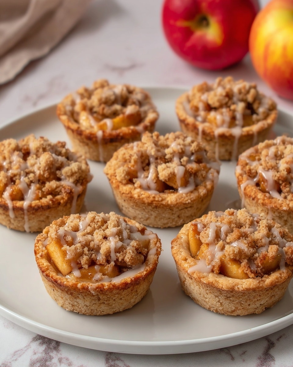 A woman's hand is holding a small mini pie with a golden brown crust that is slightly thick and soft. The mini pie has three main visible layers: at the bottom is a smooth, gooey caramel layer, above it are small, warm golden chunks of cooked apples, and on top is a crumbly, light brown streusel topping. The pie is partly eaten, showing the rich filling inside. In the background, more mini pies are placed on a white plate with a thin rim, all showing the same layers and textures. The background surface has a white marbled look with a few blurred apples visible in the upper left corner. photo taken with an iphone --ar 4:5 --v 7