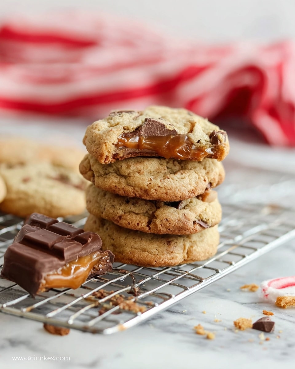 A stack of four rough-textured light brown cookies with visible caramel and chocolate pieces sits on a silver metal cooling rack positioned on a white marbled surface. In front of the cookies, there is a half-eaten chocolate-covered candy bar with a chewy caramel layer stretching out. The background includes a blurry red and white striped cloth that softly spreads across the top. photo taken with an iphone --ar 4:5 --v 7