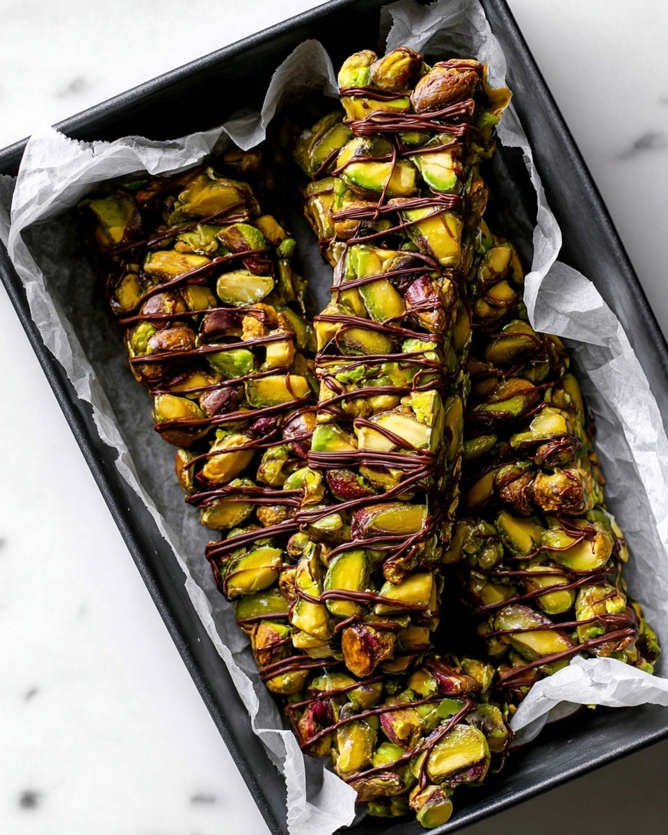 The image shows a tall stack of six chocolate bars with nuts and seeds on top, arranged vertically on a white marbled surface. Each bar has a thick dark brown layer of chocolate at the bottom and is topped with a dense mixture of green pistachios and other nuts that have a roasted and shiny texture. Some bars have thin, dark drizzles of chocolate over the nuts, adding more texture and depth to the top layer. The bars are all stacked neatly on a black wire rack with a bright white marbled background giving a clean look. Photo taken with an iphone --ar 4:5 --v 7