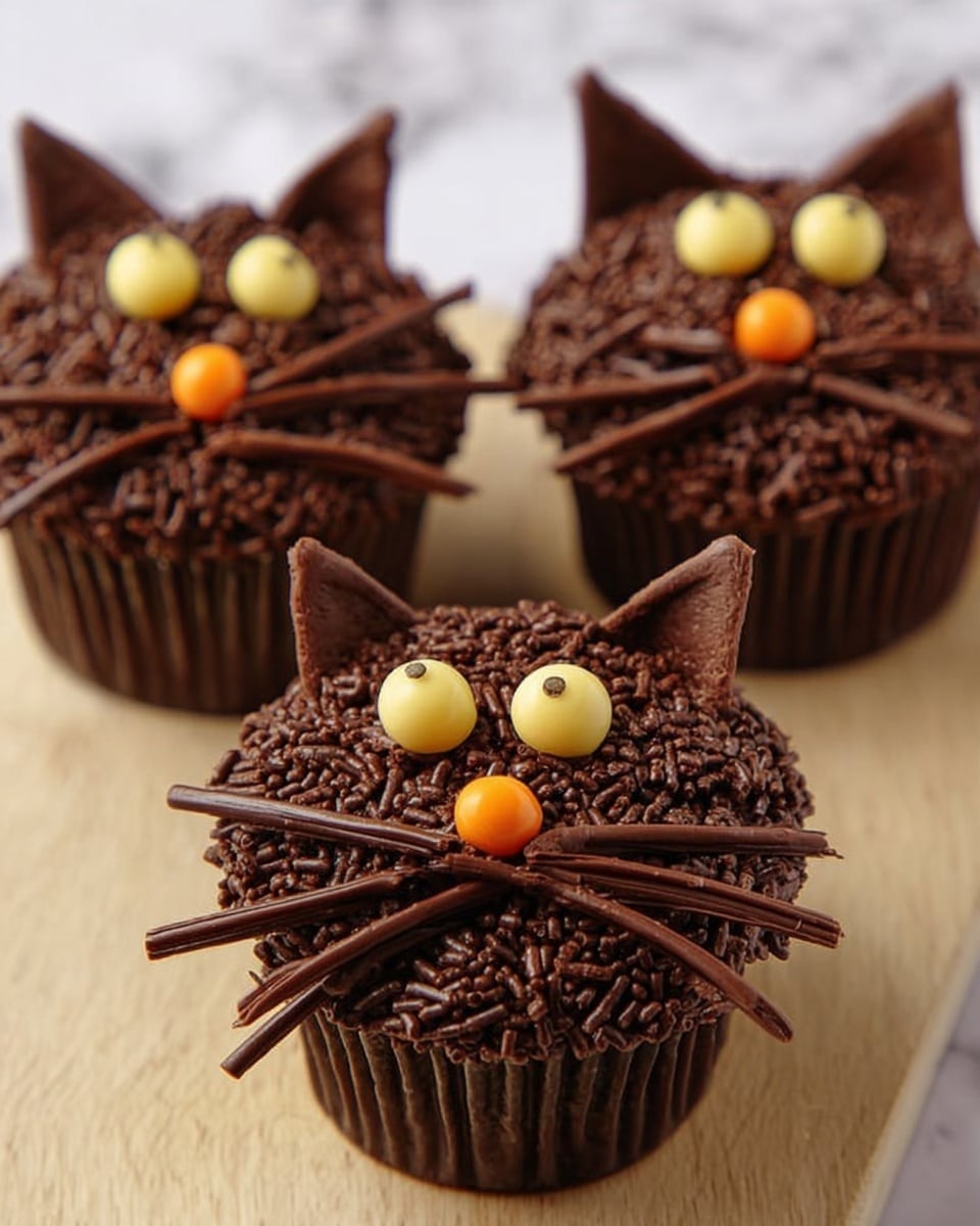 The image shows three cupcakes decorated to look like cats. Each cupcake is covered with a thick layer of dark brown frosting that is covered with small chocolate sprinkles to create a furry texture. Two pointy ears made from the same dark brown frosting stick up from the top of each cupcake. The eyes are made with yellow round candies with a small thin dark line on each to represent pupils. A small round orange candy is placed in the middle as the nose. Thin stick-like pieces of dark brown frosting extend from the nose to look like whiskers. The cupcakes are placed on a light wooden surface with a white marbled texture background. photo taken with an iphone --ar 4:5 --v 7