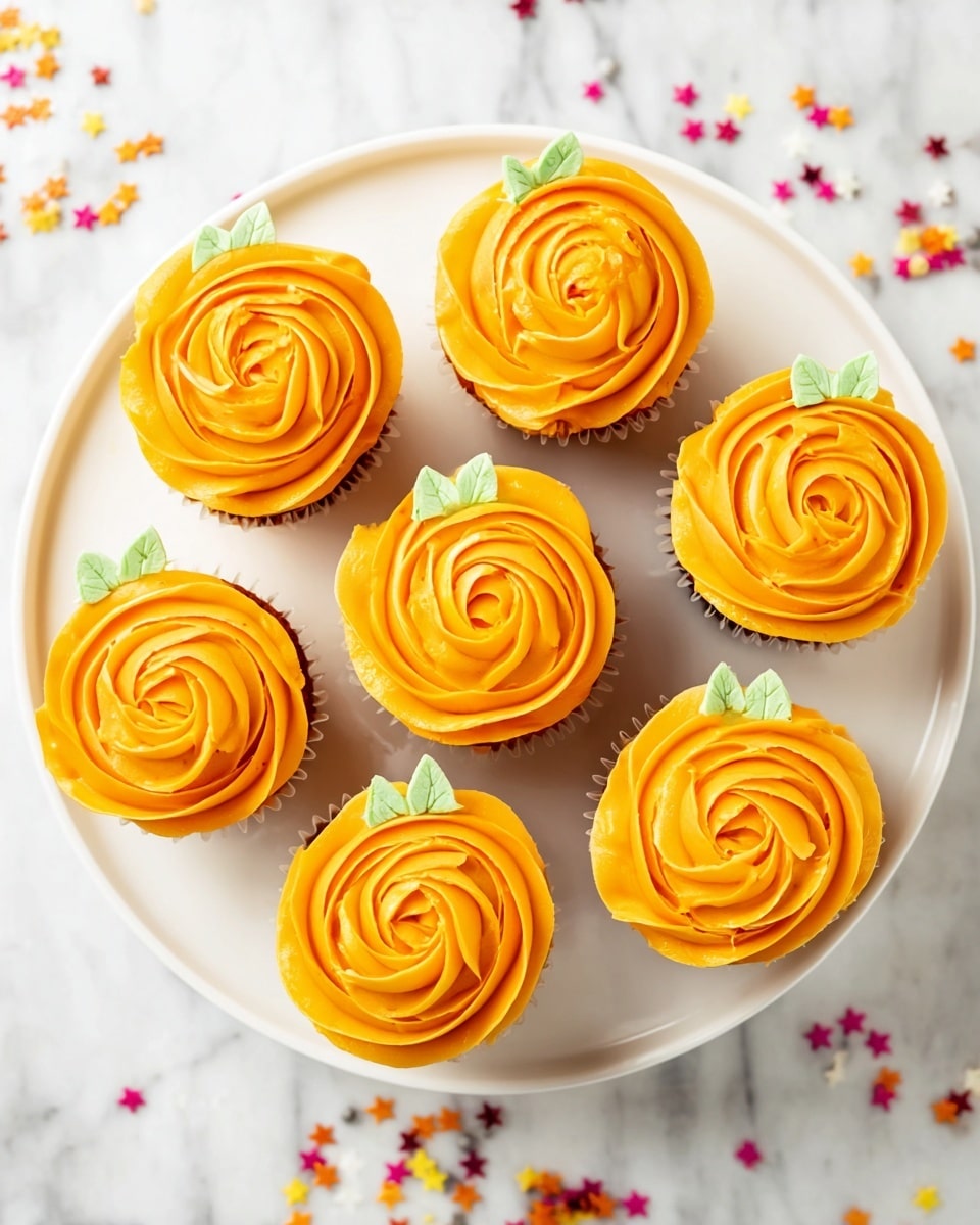 There are seven cupcakes arranged on a white marbled surface. Each cupcake has a single layer of light yellow cake and is topped with a large swirl of smooth, bright orange frosting shaped like a flower with delicate petal details. On the side of each frosting swirl, there is a small cluster of green frosting, mimicking leaves. Around the cupcakes, small red, orange, and yellow leaf-shaped sprinkles are scattered, adding a colorful touch. The photo taken with an iphone --ar 4:5 --v 7