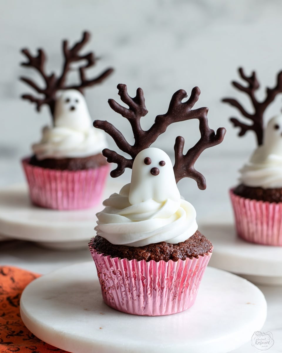 The image shows a chocolate cupcake wrapped in a shiny pink wrapper. On top, there is a thick swirl of white cream shaped like a ghost with two small black dot eyes. Behind the ghost, a dark brown chocolate decoration shaped like a tree branch stands upright. In the background, similar cupcakes with white cream ghosts and tree-branch chocolates are visible. The cupcakes sit on a round white marble stand with a smooth surface, and the background surface also has a white marbled texture. Photo taken with an iphone --ar 4:5 --v 7