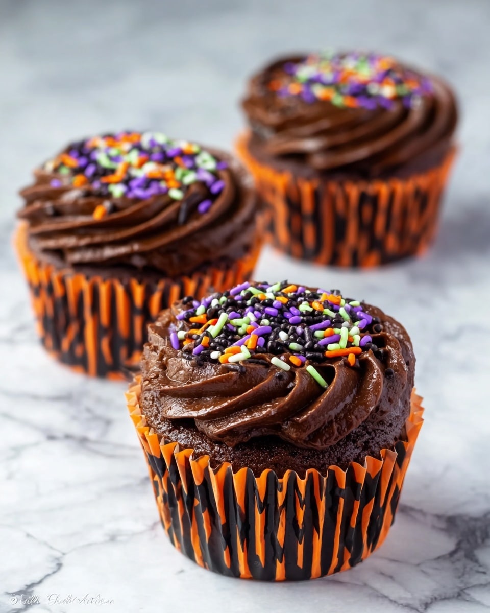 The image shows a close-up of a chocolate cupcake in a black and orange striped wrapper. The cupcake has a thick layer of shiny, dark chocolate frosting that is piped in large, pointed swirls around the top edge. In the middle of the frosting, there is a colorful mix of small sprinkles and round candy pieces in orange, purple, black, green, and white, adding a bright contrast to the dark frosting. The cupcake sits on a white marbled surface, and more of the same cupcakes are blurred in the background. Photo taken with an iphone --ar 4:5 --v 7