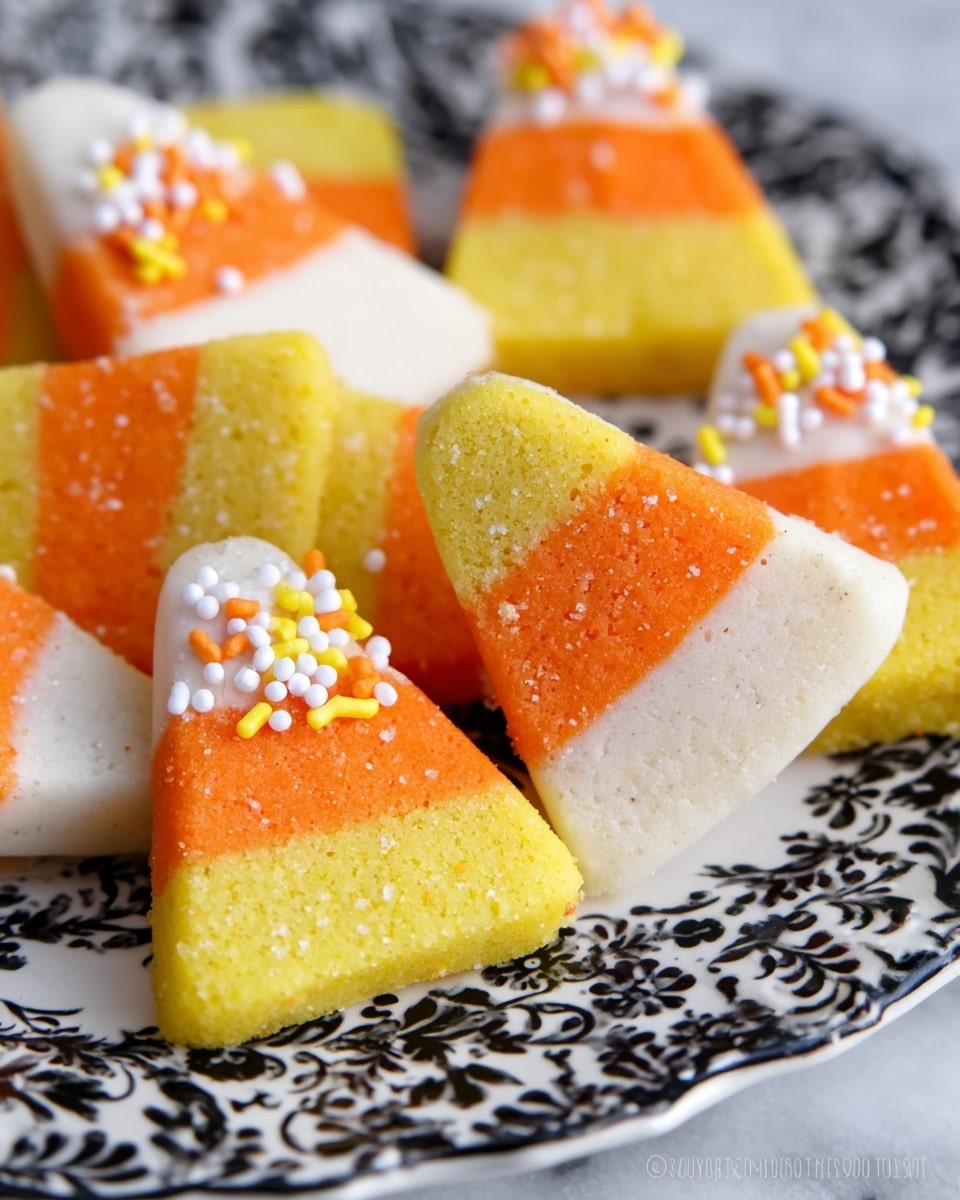 A close-up view of several candy corns arranged on a white dish with a black decorative pattern. Each candy corn has three visible layers: the bottom layer is yellow and slightly grainy, the middle layer is bright orange with a smooth texture, and the top layer is off-white with a soft, matte look. Some pieces are dipped in white candy coating and decorated either with small white round sprinkles or multicolored orange, yellow, and white sprinkles on top. The dish sits on a white marbled background, and the overall image has a bright and colorful appearance. Photo taken with an iphone --ar 4:5 --v 7