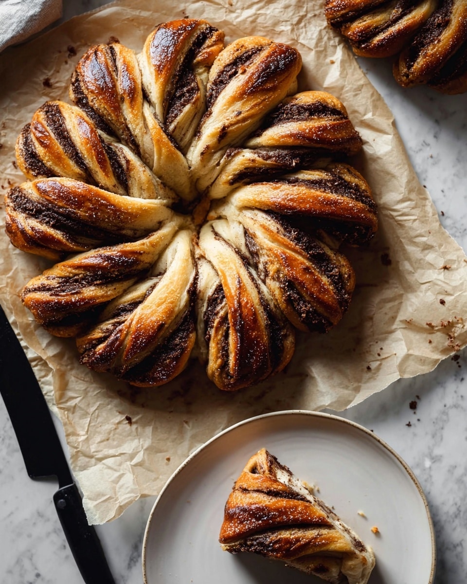 The image shows a star-shaped bread made of twisted layers of golden and light brown dough with a dark chocolate spread filling visible in the twists. The bread has a central round section with pointed edges connecting to twelve twisted sections forming the star’s rays, all baked to a shiny, slightly crispy texture. One slice is separated and placed on a white plate in the bottom right, showing the many thin alternating layers of dough and chocolate. The bread rests on lightly crumpled parchment paper on a white marbled surface with a black-handled knife nearby. Photo taken with an iphone --ar 4:5 --v 7