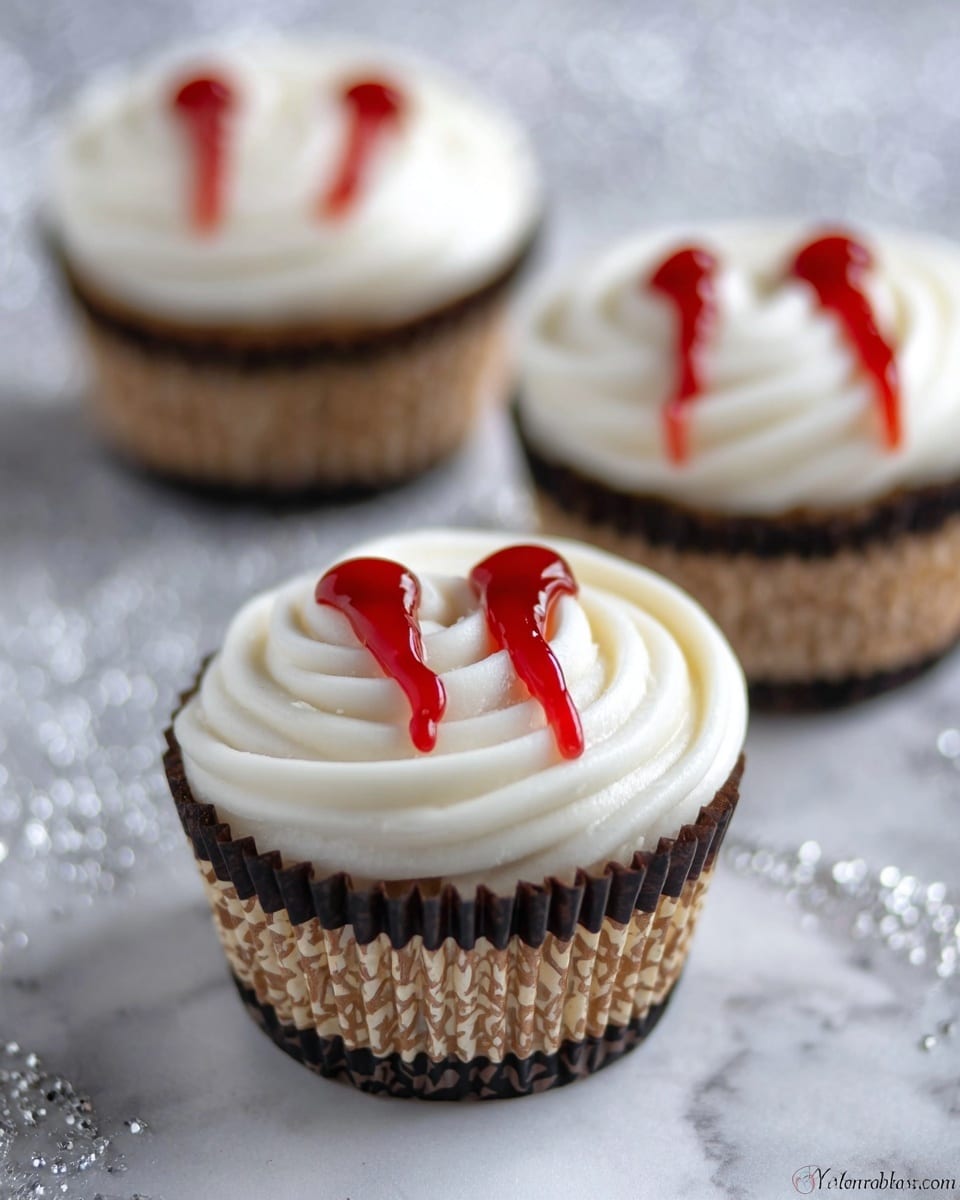The image shows three cupcakes placed on a white marbled surface with silver glitter. Each cupcake has a base in a dark brown and beige patterned paper liner. On top, there is a thick layer of smooth white frosting swirled in a circular pattern. Two small holes near the center of the frosting have red syrup or icing dripping down, creating a visual effect like small streams of blood. The cupcakes are arranged with one in sharp focus in the front and the other two blurred in the back. Photo taken with an iphone --ar 4:5 --v 7
