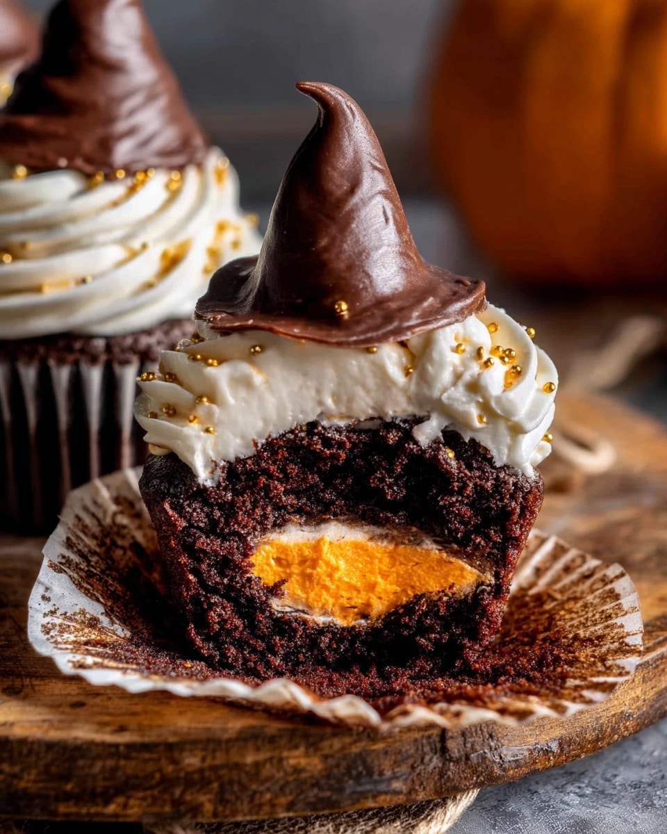 A close-up view of a chocolate cupcake with three layers: the bottom layer is dark chocolate cake with a soft texture, pierced to reveal a bright orange cream filling inside; the middle layer is a thick swirl of white frosting with small golden sprinkles; the top layer is a smooth, shiny dark chocolate cone placed upright on the frosting. The cupcake sits in a white paper liner, slightly peeled back, all on a rustic wooden board with a blurred background. Photo taken with an iphone --ar 4:5 --v 7