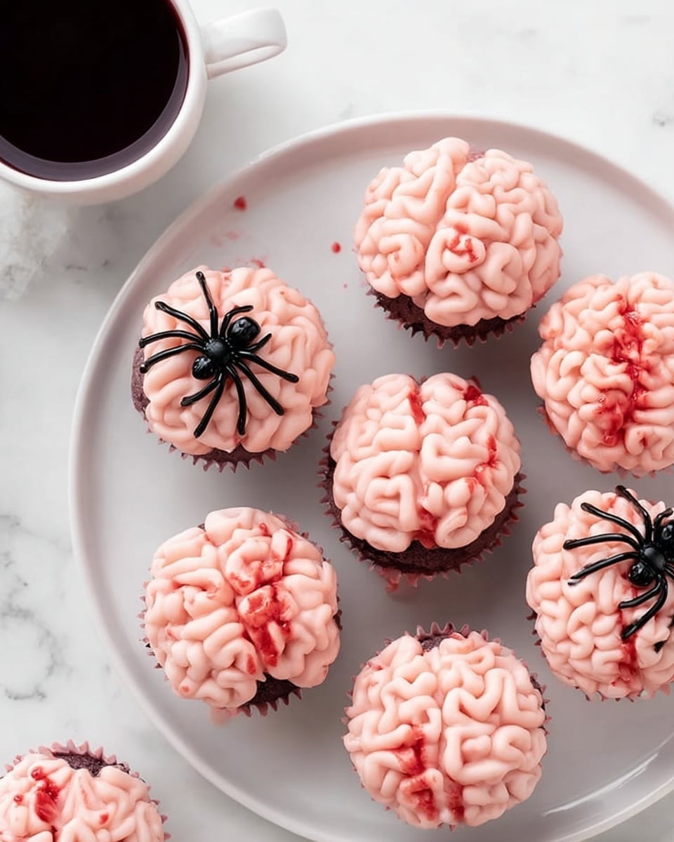 The image shows a black cooling rack on a white marbled surface, holding twelve round cookies decorated to look like brains. Each cookie is covered with smooth, thick light pink icing, piped in a wavy, looping pattern that resembles brain folds. The cookies are evenly spaced, with one cookie cut in half near the top left of the rack, exposing its soft inside. Around the rack, there are several small black plastic spider decorations scattered on the white marbled surface. A small glass container filled with dark red liquid sits at the top left corner with a dropper inside. On the right side, there is a dark gray textured cloth casually placed. photo taken with an iphone --ar 4:5 --v 7