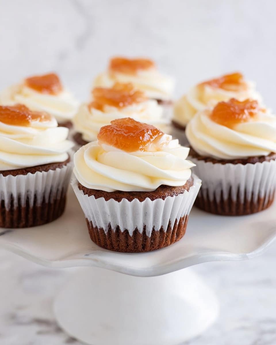 There are six cupcakes placed on a white cake stand with a smooth surface and a curvy edge, all set on a white marbled background. Each cupcake has a deep brown base wrapped in white paper liners. On each cupcake, there is a swirl of creamy, white frosting that looks soft and smooth. On top of the frosting, there is a dollop of shiny, amber-colored jam with a slightly translucent, thick texture. The cupcakes are arranged in a group, with the nearest cupcake in clear focus and others slightly blurred in the background. Photo taken with an iphone --ar 4:5 --v 7