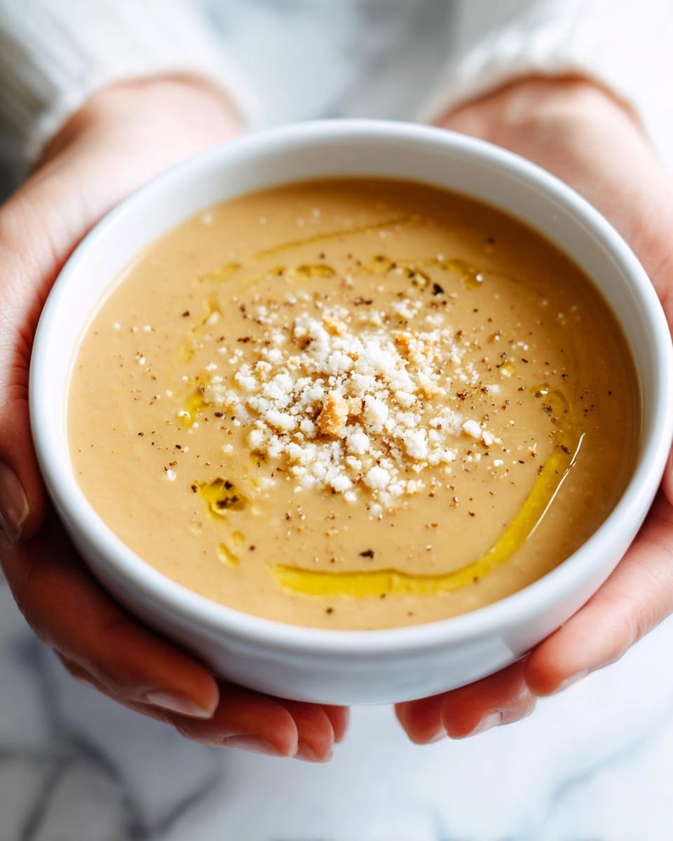 A close-up view of a white bowl held by a woman's hands, filled with a smooth light brown soup. On top of the soup, there is a drizzle of golden oil, a sprinkle of fine white cheese, and small flecks of black pepper spread around the center. The bowl is set against a soft, white marbled background. photo taken with an iphone --ar 4:5 --v 7