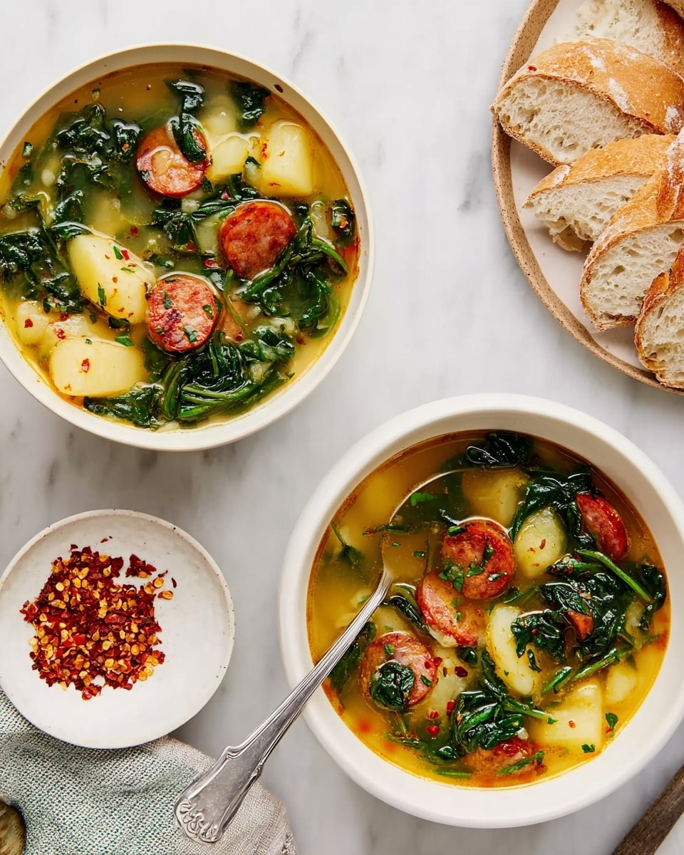 Two white bowls filled with soup are shown on a white marbled surface. Each bowl contains layers of light yellow potato chunks, bright green spinach leaves, and reddish-orange slices of sausage floating in a clear broth. One bowl has a silver spoon resting inside it, while the other bowl is plain. Nearby, a small white dish holds crushed red chili flakes. In the upper right corner, a white plate with several light brown slices of bread rests beside the bowls. A woman's hand is partially visible near one bowl. Photo taken with an iphone --ar 4:5 --v 7