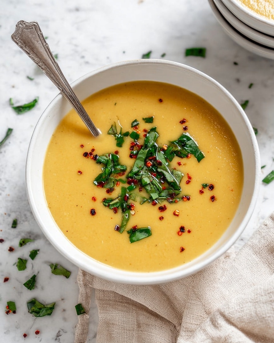 A close-up view of a white round bowl filled with smooth, thick yellow soup, garnished with small pieces of dark red chili flakes and finely chopped bright green herbs scattered on top. A silver spoon is partially dipped into the soup near the bowl’s edge. The bowl sits on a white marbled surface, with a few small green herb pieces around it. Photo taken with an iphone --ar 4:5 --v 7