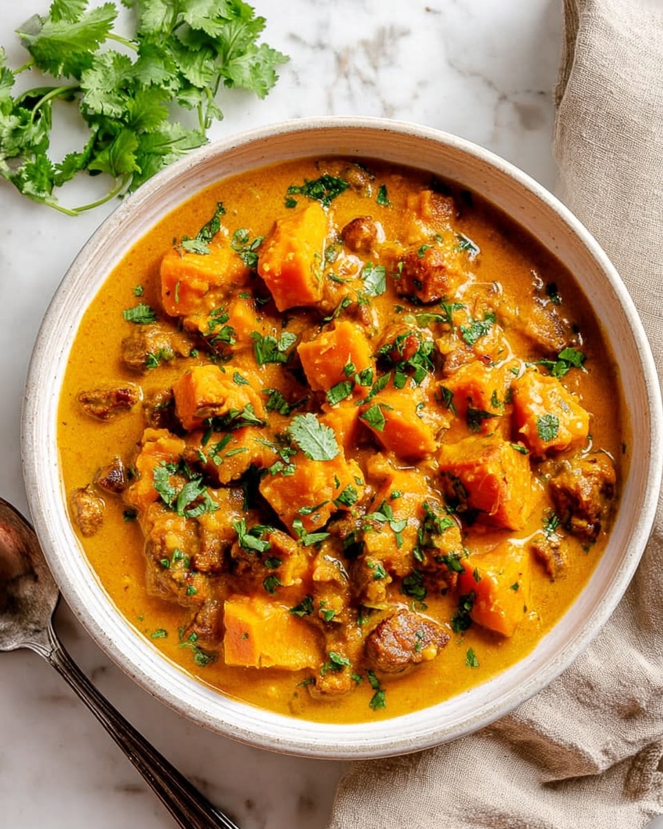 The image shows a clear glass container partially covered with a lid, filled with bright orange-yellow African peanut soup. The soup has a chunky texture with visible large pieces of soft orange vegetables, possibly sweet potatoes or squash, mixed with a thick, smooth sauce that has a slightly oily surface. Small green bits of herbs are scattered throughout, adding a touch of color contrast. The container is placed on a white marbled surface. Photo taken with an iphone --ar 4:5 --v 7