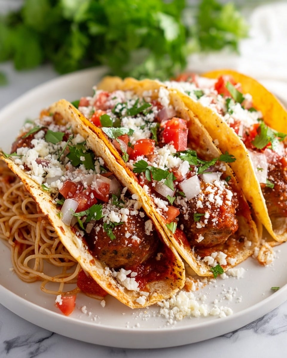 A close-up of a taco held by a woman's hand, showing one taco shell filled with layers consisting of a brown meatball at the bottom, thin spaghetti noodles mixed with red sauce and green herbs in the middle, and small pieces of white cheese and diced red tomatoes on top; the taco shell is yellow and slightly crispy. Next to it, on a white plate, is another taco shell filled with similar ingredients, with some grated cheese sprinkled around on the white marbled surface below. photo taken with an iphone --ar 4:5 --v 7