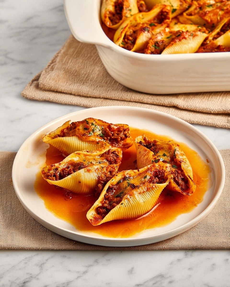 The image shows three large pasta shells filled with a dark meat and cheese mixture, arranged on a white plate. The pasta shells are golden-brown with some darker edges, soaked in a shiny, light reddish-orange sauce that pools around the shells on the plate. Behind the plate, there is a white ceramic baking dish filled with more shells, resting on a beige cloth, all set on a white marbled surface. The overall look is warm and inviting, with a rich sauce coating and visible melted cheese inside the shells. Photo taken with an iphone --ar 4:5 --v 7