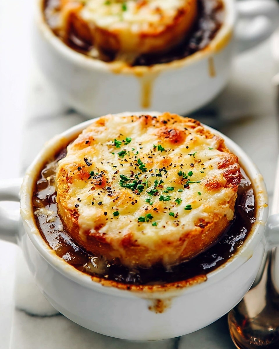 The image shows a white cup filled with dark brown onion soup, topped with a golden brown toasted bread round. The bread is covered with bubbly, melted cheese that has some light brown toasted spots and is sprinkled with finely chopped green herbs and black pepper. The cup sits on a white marbled surface with a small part of a metal spoon visible on the side. Another cup with the same soup and topping is slightly out of focus in the background. Photo taken with an iphone --ar 4:5 --v 7