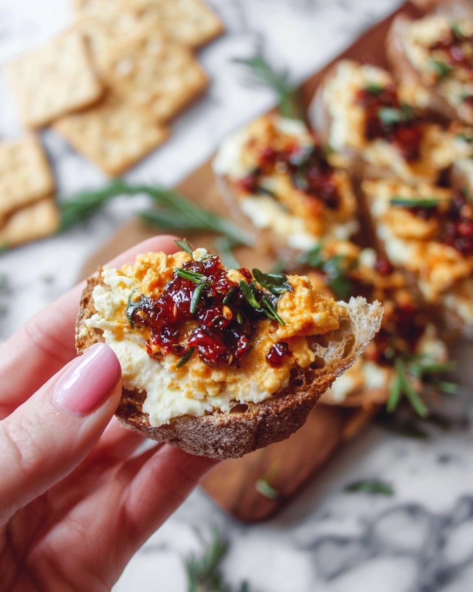 A woman's hand with peach nail polish holding a small piece of rustic brown bread topped with three layers: a light creamy spread at the bottom, a middle layer of chunky orange spread, and a final layer of dark red sauce mixed with herbs and tiny seed bits, garnished with fresh green rosemary. In the blurred background, more of this topped bread is placed on a wooden board with scattered fresh herbs, all set on a white marbled surface with some light brown crackers in the top left. Photo taken with an iphone --ar 4:5 --v 7