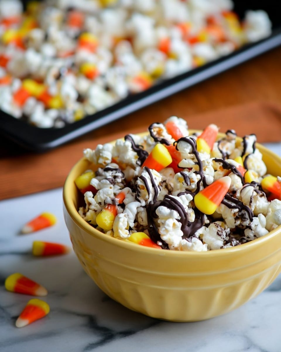 A metal baking tray filled with a layer of white popcorn pieces evenly spread out. Scattered across the popcorn are small, triangular candy corns with a three-color pattern: yellow at the thick base, orange in the middle, and white tips. Thin, dark brown chocolate drizzle is zigzagged across the entire popcorn and candy corn mix, adding contrast to the mostly white surface. The tray rests on a wooden table with the background showing the wooden surface's texture. photo taken with an iphone --ar 4:5 --v 7