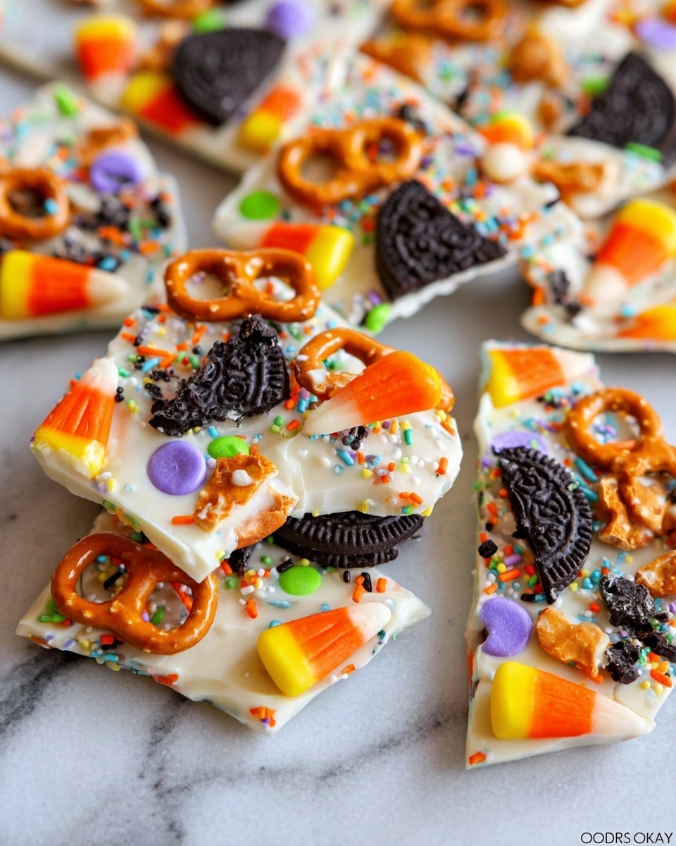 This image shows broken white chocolate bark pieces spread on a white marbled surface. Each piece has a base layer of smooth white chocolate, topped with colorful candy corn, orange and black Oreo cookie pieces, small crunchy pretzels, and small round sprinkles in black, orange, green, purple, and blue. The textures vary from the firm chocolate base to crunchy pretzels and soft candy pieces. The pieces are irregular in shape with bright fall colors that stand out against the white base. photo taken with an iphone --ar 4:5 --v 7