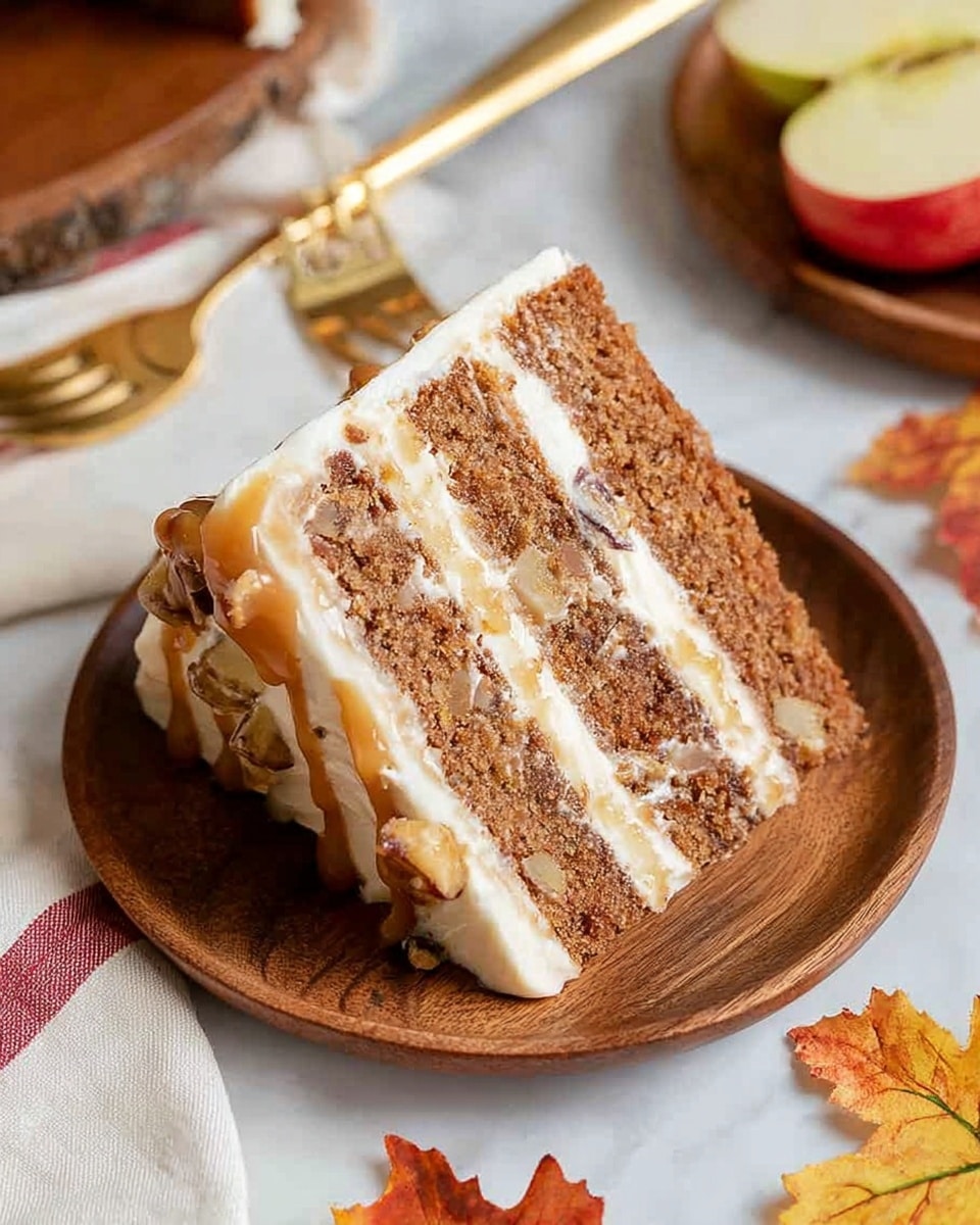 The image shows a tall, round cake with three visible layers of light brown sponge separated by thin layers of white frosting. The outside of the cake is covered in a smooth, semi-transparent layer of white frosting with a thick brown caramel sauce dripping down from the top edge. A slice is being lifted from the cake, revealing the three moist layers inside with creamy frosting between them. The cake sits on a wooden cake stand on a white marbled surface, with soft-focus peaches and fall decor in the background. A woman's hand holds the slice carefully. photo taken with an iphone --ar 4:5 --v 7