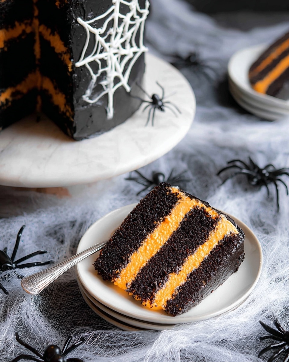 A slice of three-layer dark black cake with two thick bright orange cream layers in between is placed on a small white plate with a silver fork beside it. The slice shows a smooth texture with clean edges. Behind it, there is a bigger black cake decorated with white spider web icing and a plastic spider on top, all sitting on a white marbled surface covered with fake white spider webs and black plastic spiders around for a Halloween theme. The photo is taken with an iphone --ar 4:5 --v 7