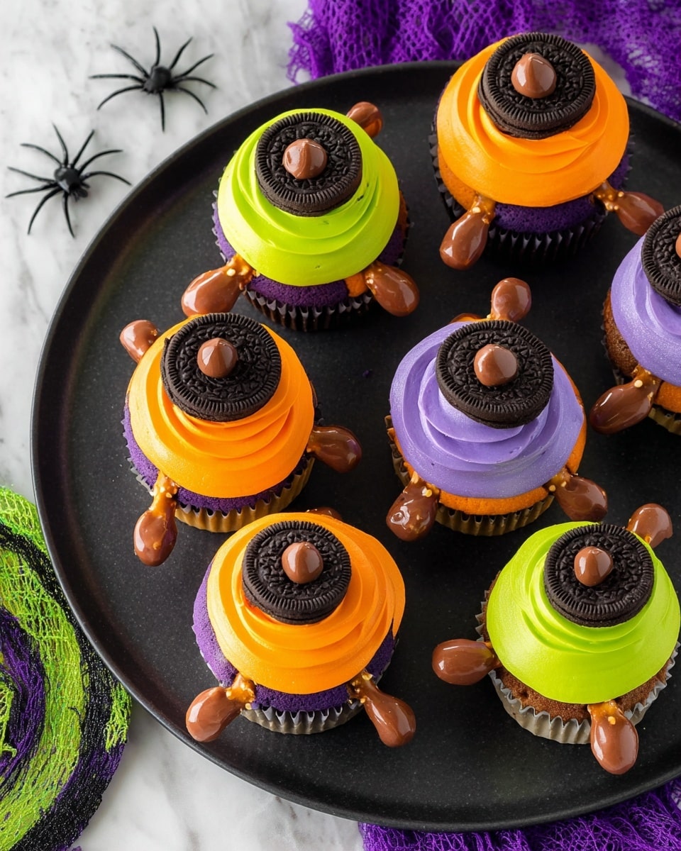 The image shows six colorful Halloween-themed cupcakes arranged on a round black tray set on a white marbled surface. Each cupcake has a smooth layer of bright frosting in orange, purple, or neon green. On top of each cupcake sits a black sandwich cookie with a ring of matching frosting color inside. A single chocolate drop is placed in the center on top of the cookie. Pretzel sticks sticking out from the sides hold chocolate-coated almonds, resembling little feet and arms sticking out from the sides of the cupcakes. In the background, there are small plastic spiders on the white marbled surface, and part of a purple and green spiderweb-patterned cloth is visible in the bottom left corner. Photo taken with an iphone --ar 4:5 --v 7