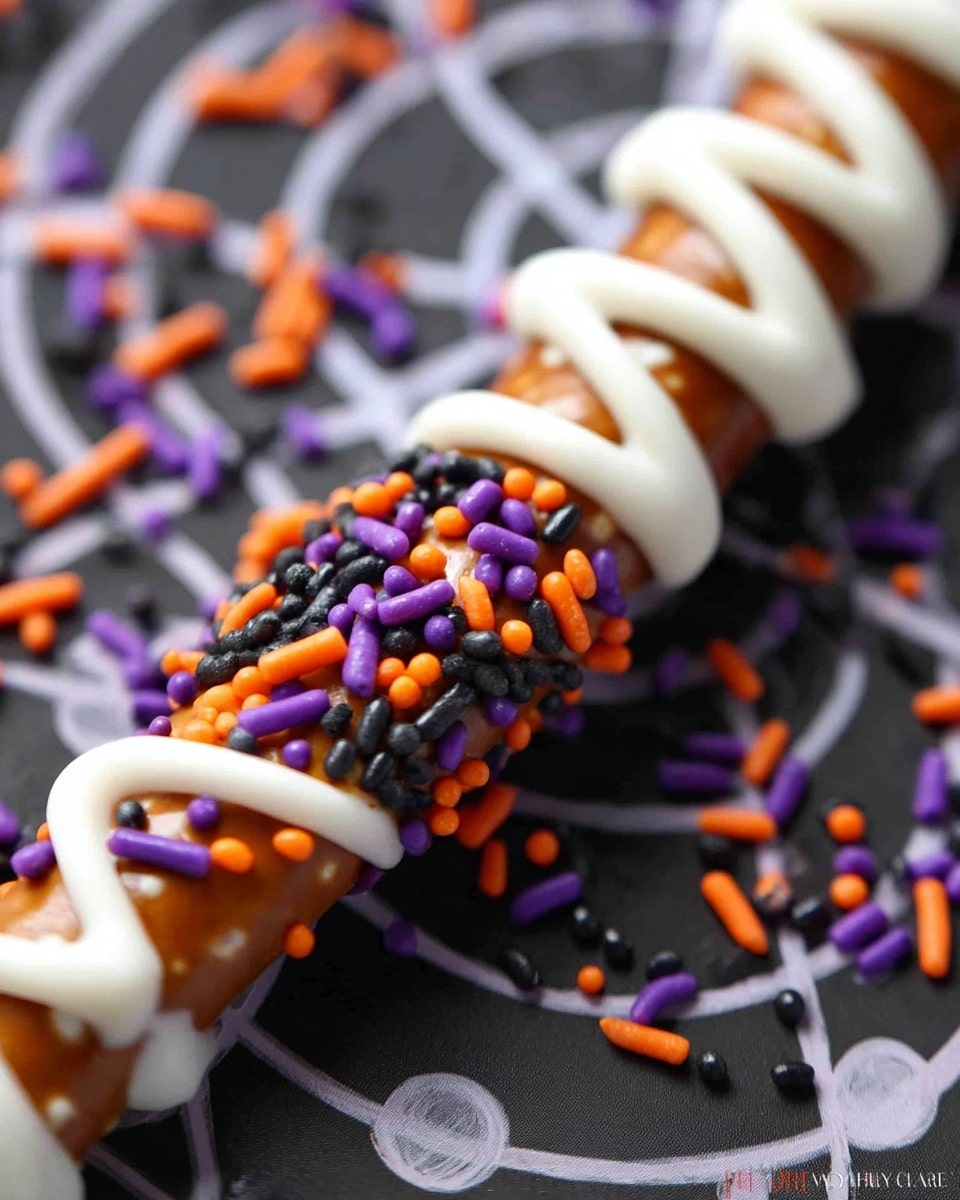 The image shows a close-up of a Halloween-themed treat made with a pretzel stick wrapped in white icing and decorated with orange, purple, and black sprinkles on the bottom part of the pretzel. The pretzel is placed on a dark surface with white circular patterns, creating a contrast with the colors of the sprinkles and icing. The white icing is wrapped around the pretzel in a spiral way, making it look like a spider web design. photo taken with an iphone --ar 4:5 --v 7
