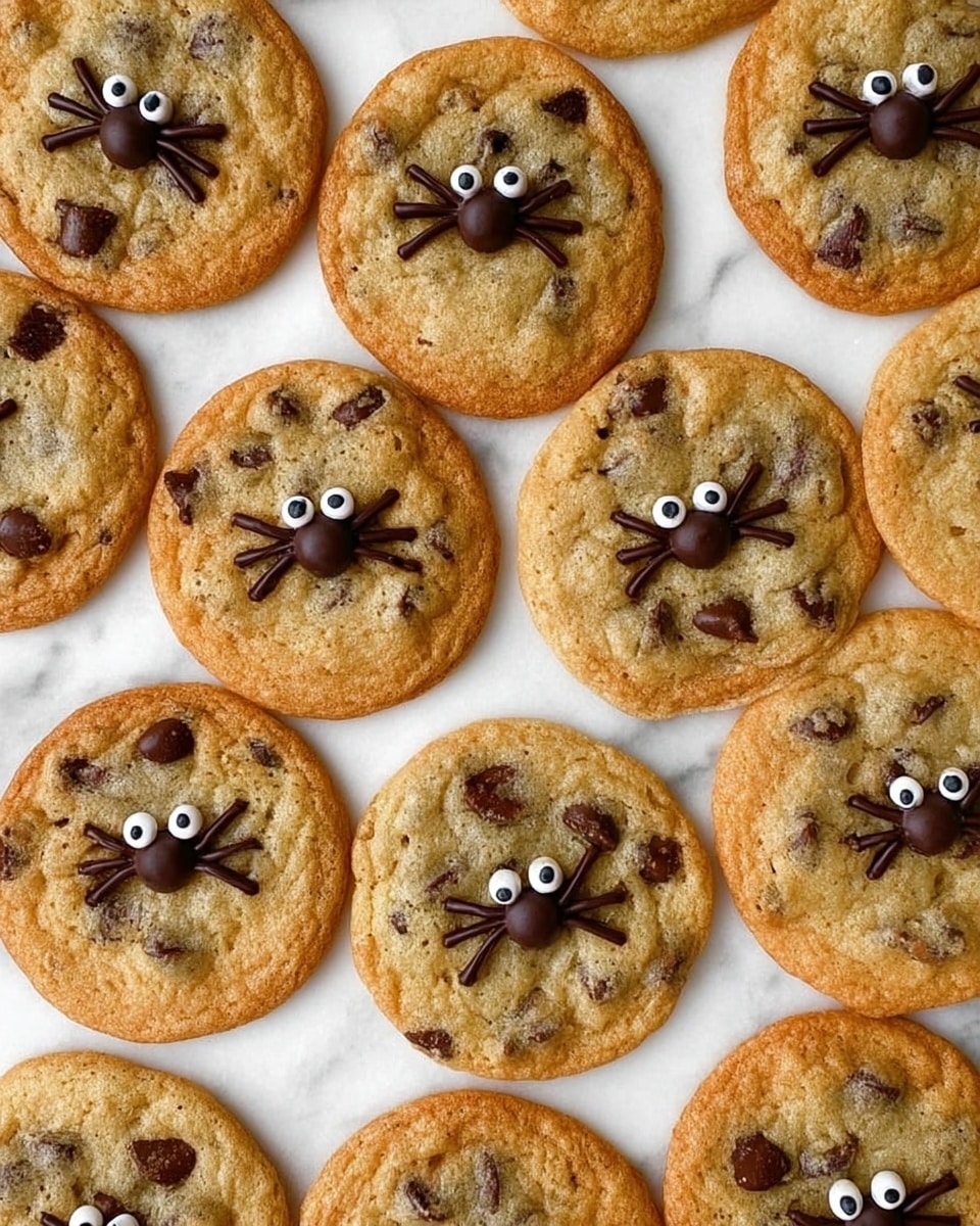 The image shows many round chocolate chip cookies arranged closely on a white marbled surface, each cookie golden brown with darker chocolate chips scattered throughout. On the top center of each cookie, there is a small dark chocolate spider decoration with a round body and thin legs spreading out, along with two small white candy eyes with black pupils, making the spiders look playful and cute. The overall texture of the cookies appears soft and slightly crispy on the edges, with the spiders adding a fun Halloween or festive touch. photo taken with an iphone --ar 4:5 --v 7