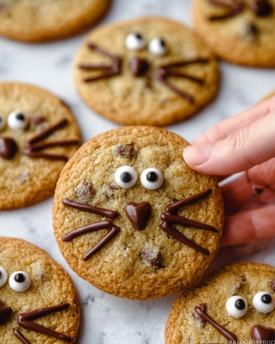 A close-up of several round, golden brown chocolate chip cookies laid out on a white marbled surface, each cookie decorated with two white candy eyes and a small chocolate piece forming a nose, with thin lines of chocolate creating whiskers, resembling a cat face. A woman's hand is holding one cookie in the foreground, showing a soft, slightly textured surface with melted chocolate chips visible. The overall scene is bright with clear details of the cookie textures and decorations photo taken with an iphone --ar 4:5 --v 7